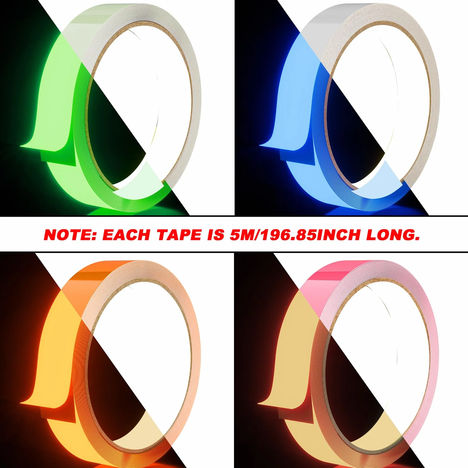 4 sztuki taśmy świetlnej, 5 m x 1 cm, taśma fluorescencyjna, wodoodporna taśma fluorescencyjna, usuwalna taśma świecąca w ciemności, wielobarwna taśma fluorescencyjna