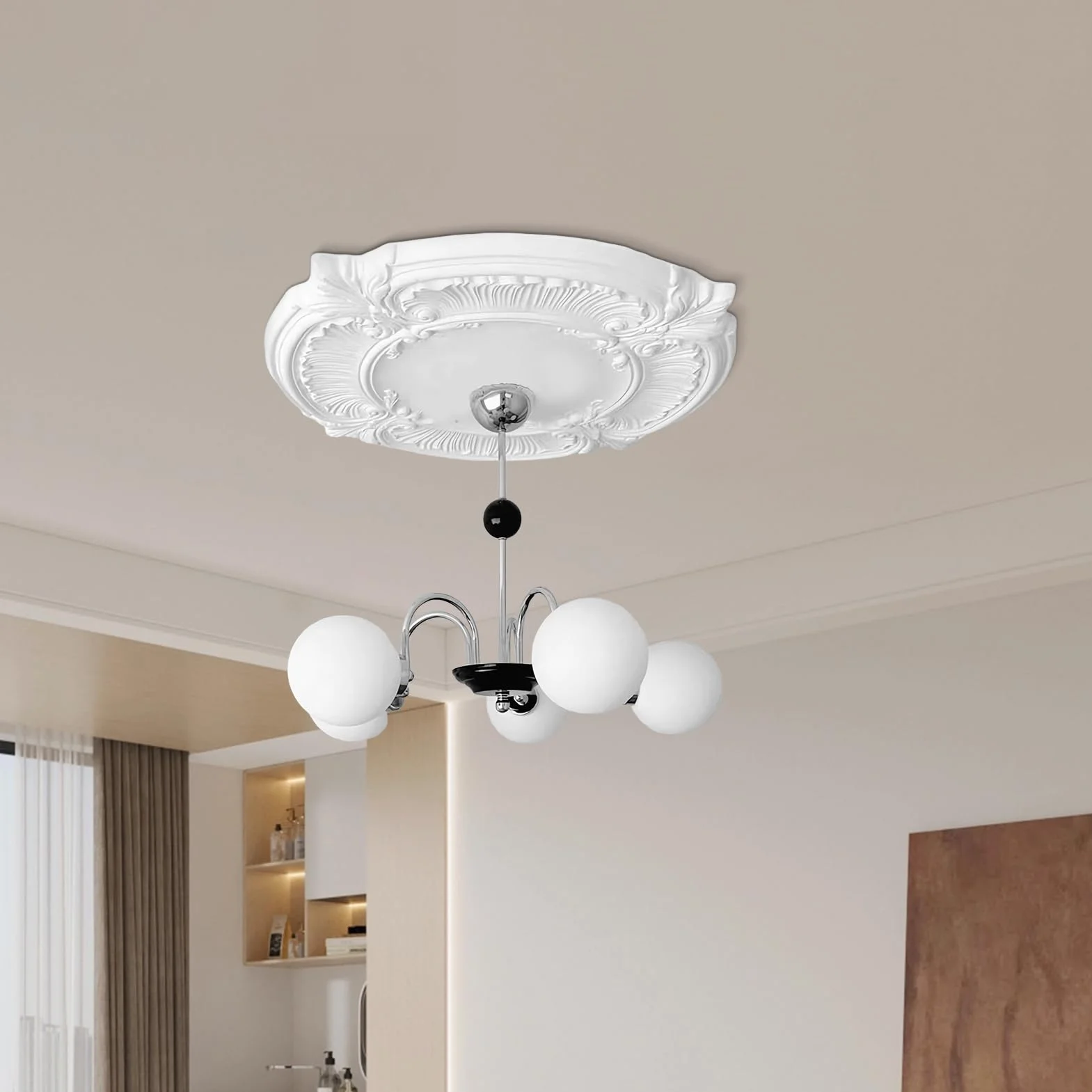 Rozeta sufitowa, biała, Ø 30,48 cm, poliuretan, element ozdobny, sztukateria, dekoracja ścienna, lampa do salonu, lampa z polistyrenu, okrągła, średnica wewnętrzna: 8,71 cm, 1 para medalionów