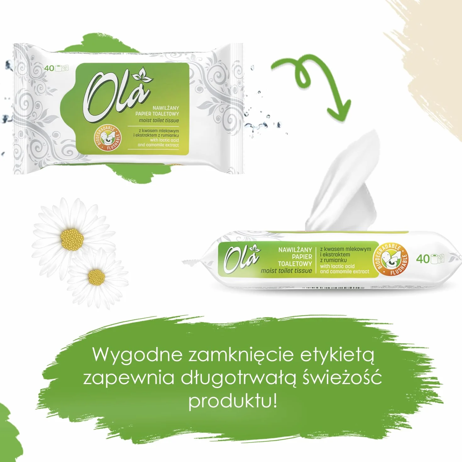 OLA Nawilżany papier toaletowy z ekstraktem z rumianku i kwasem mlekowym - spłukiwalny - Połączenie nawilżanego papieru i mokrej chusteczki - oczyszcza okolice intymne - do skóry wrażliwej - 40 sztuk