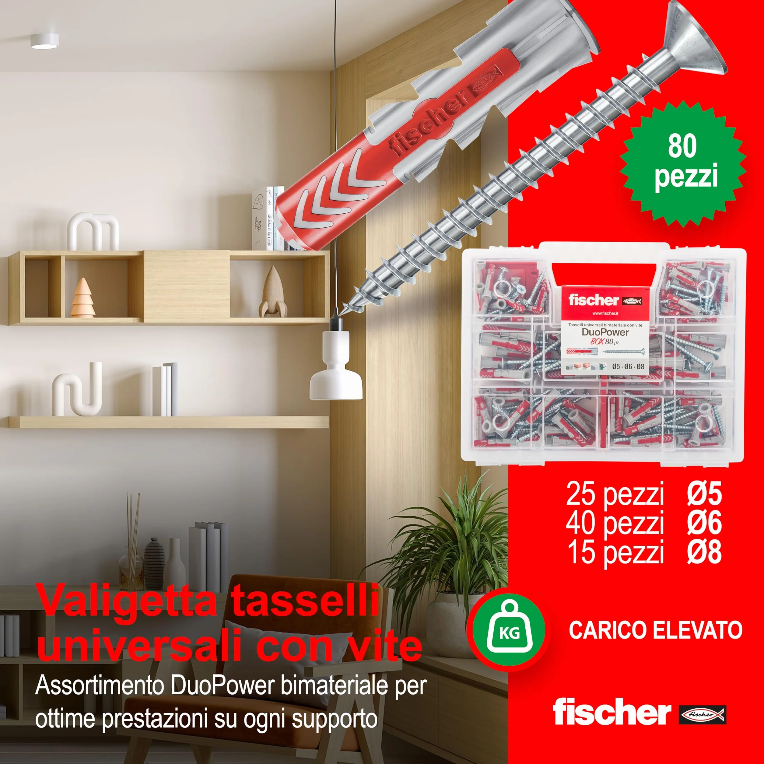 Fischer Duopower Kołki Uniwersalne, Szary/Czerwony, 80 Sztuk