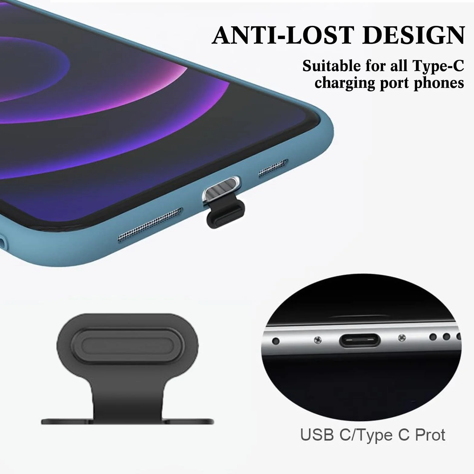 Zestaw 4 nakrętek do portu USB Type C, nakrętki przeciwpyłowe do telefonu z portem ładowania typu C, chroniące Twoje urządzenia przed kurzem i utratą, osłony anty-pył i anty-utrata