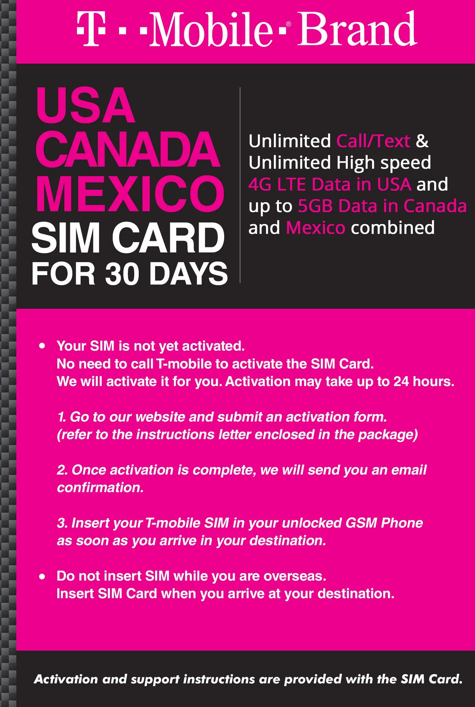 T-Mobile Marka USA, Kanada, Meksyk Prepaid Travel SIM Nieograniczone połączenia/tekst i nieograniczona prędkość 4G LTE w USA przez 30 dni