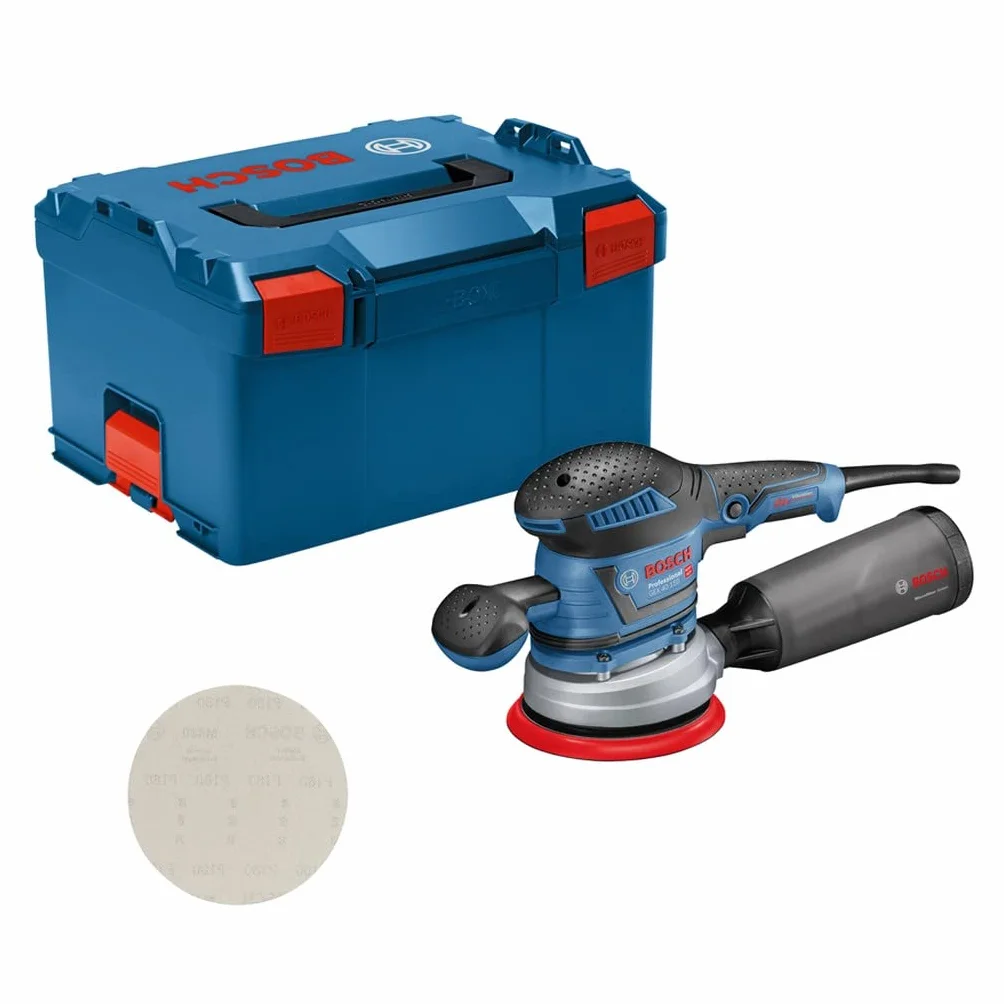 Bosch Professional: szlifierka mimośrodowa GEX 40-150 (pojemnik na pył, Ø talerza szlifierskiego 150 mm, siatka ścierna M480, wkrętak kątowy, walizka L-BOXX)