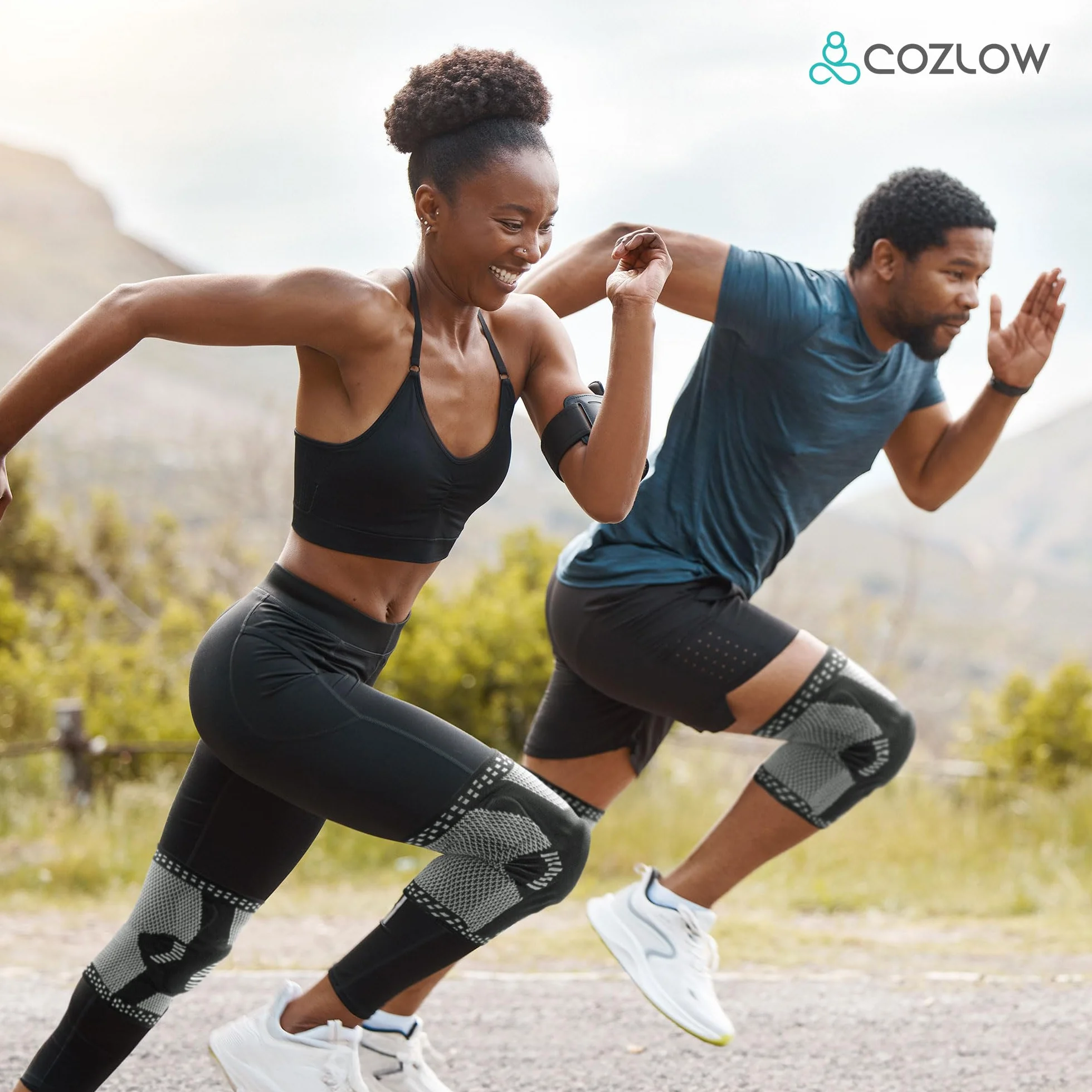 Cozlow Knee Brace for Arthritis & Torn Meniscus Relief (XL, 51-59 cm), 2 Black Knee Compression Sleeves w/ Silicone Gels