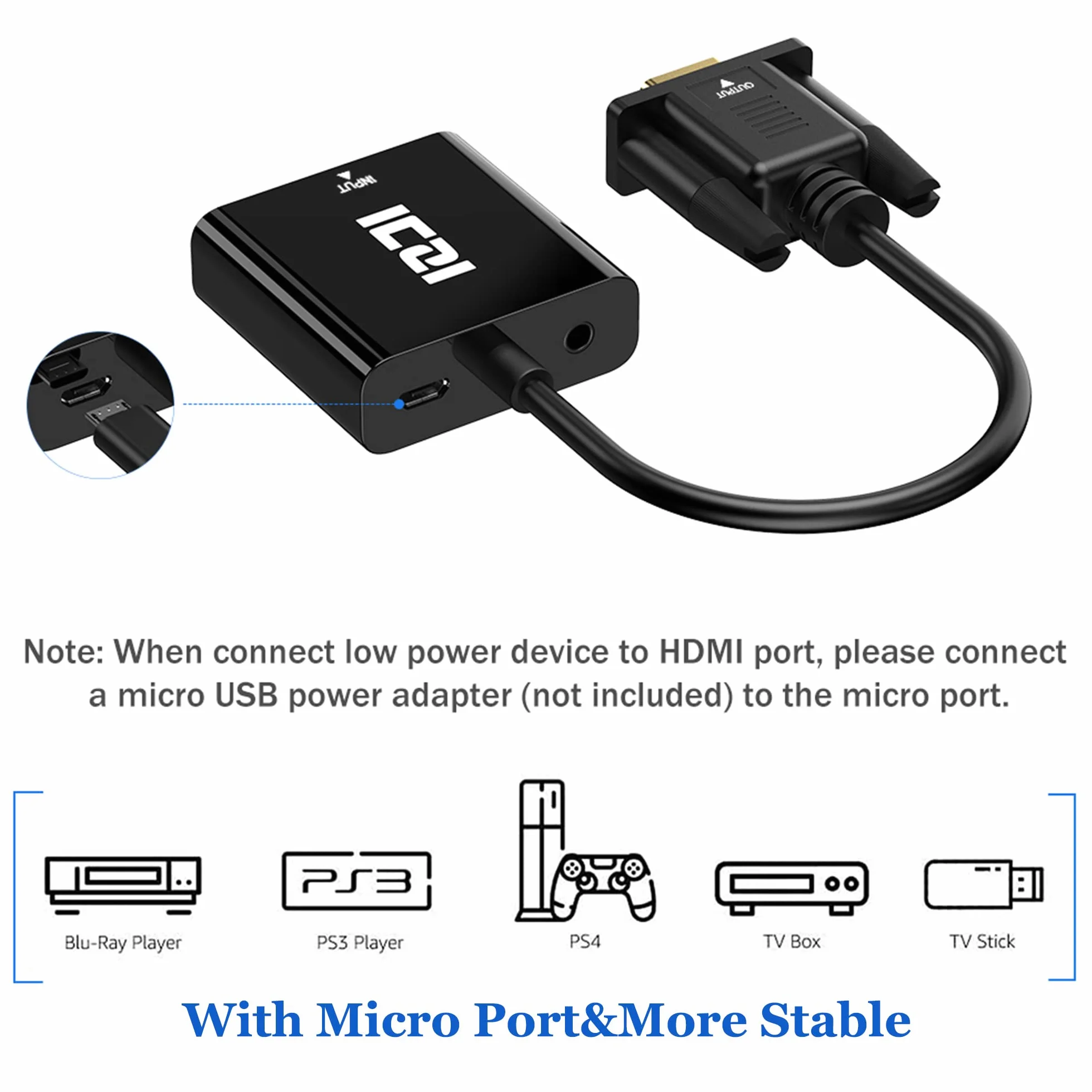ICZI Adapter HDMI na VGA 1080P z gniazdem audio 3,5 mm, aktywny konwerter HDMI żeński na VGA męski do TV Stick, HDTV, wyświetlacza, monitora, Chromebooka, 360, PS4 i innych