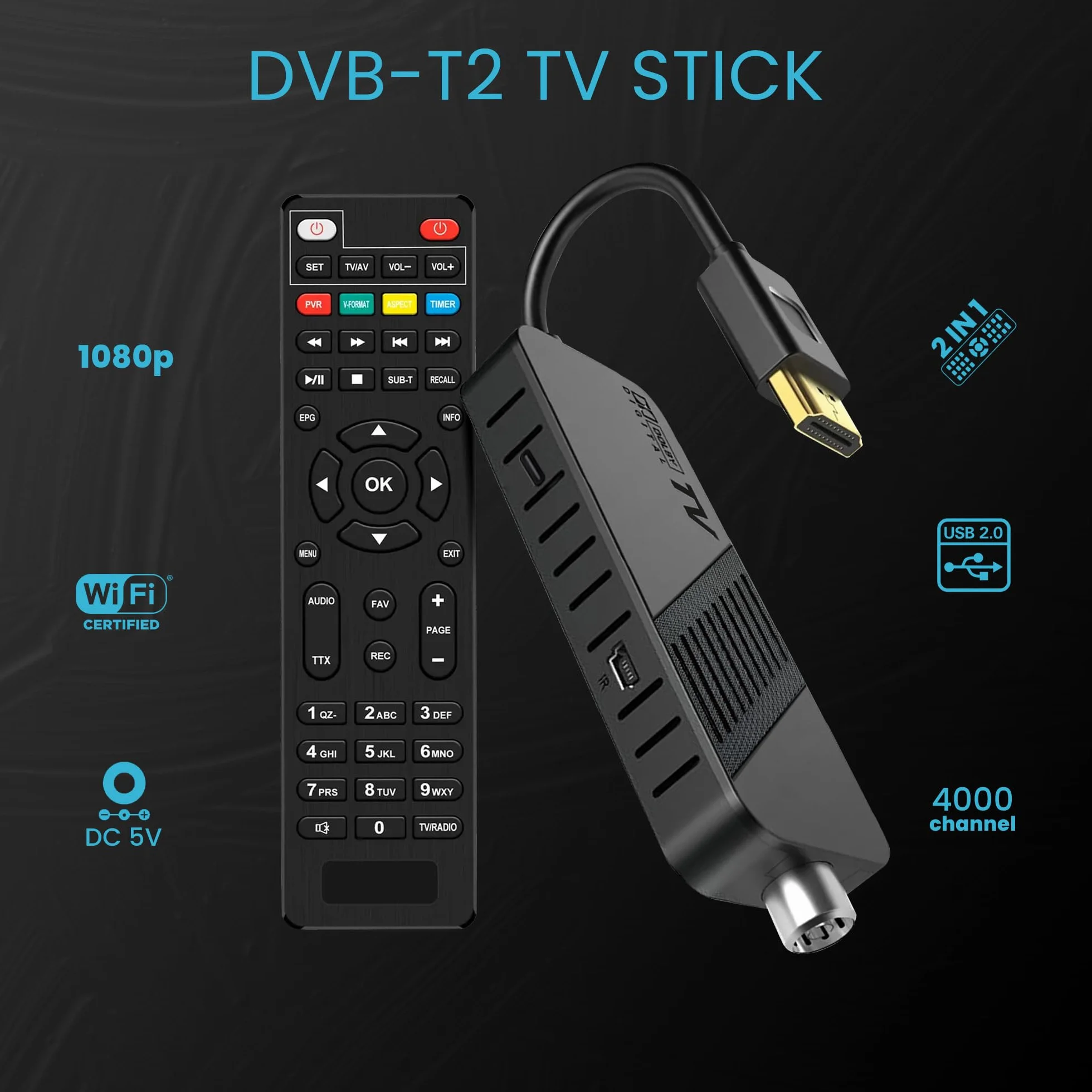 LEYF Dekoder TDT Full HD 1080P DVB T2, Tuner TDT, Ukryty za telewizorem, Wyświetlacz cyfrowy, HEVC H265 Main 10 bit, HDMI, USB, Pilot na podczerwień 2 w 1