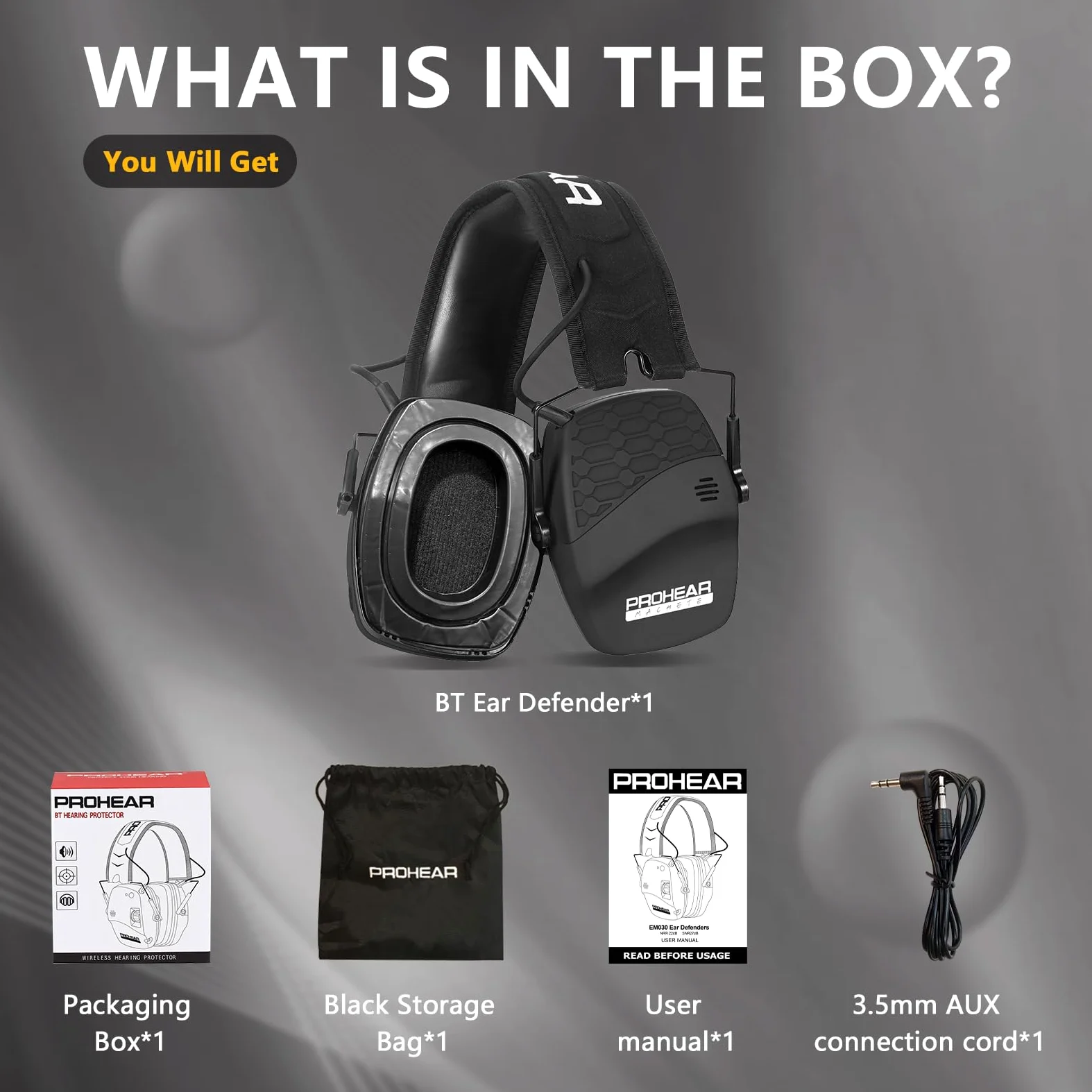 PROHEAR 030 Bluetooth 5.4 Elektroniczna ochrona słuchu Aktywne nauszniki Polowanie Redukcja Szumów NRR22dB SNR 27dB Czarny Żel