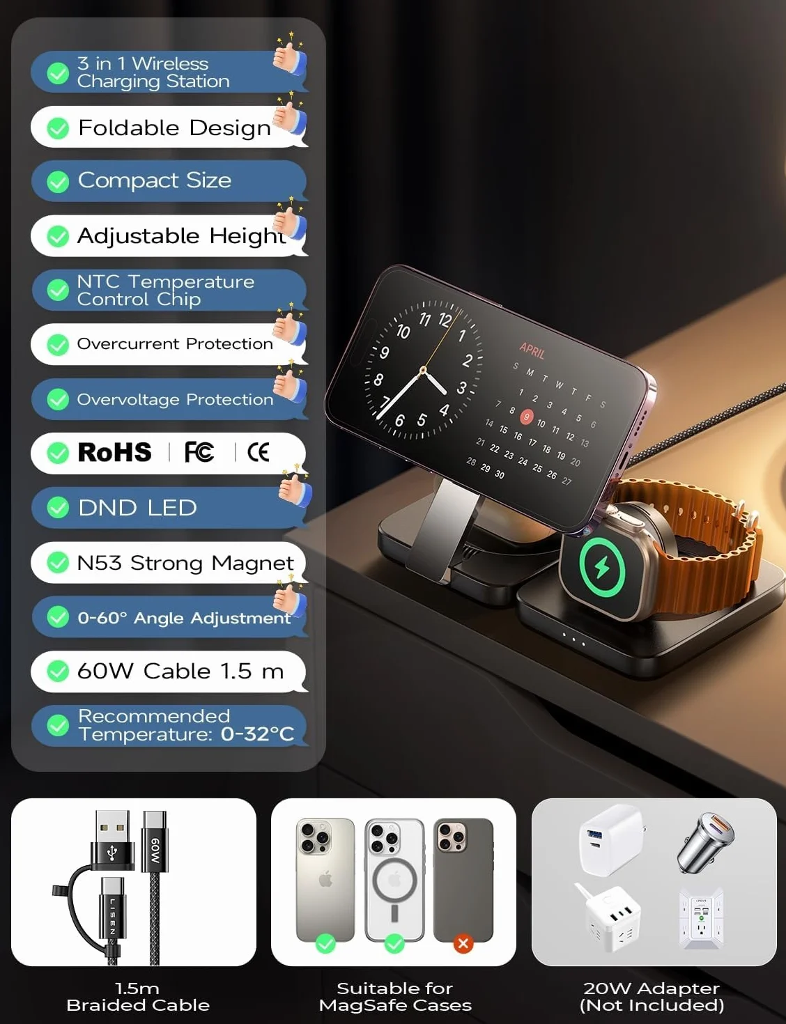 LISEN Do bezprzewodowej ładowarki 3 w 1 Apple Watch i iPhone do Apple 16 15 Max akcesoria AirPods 3 stacja ładująca do iPhone 16 15 Pro Max AirPods 4 3 Pro 2 Watch 10 9