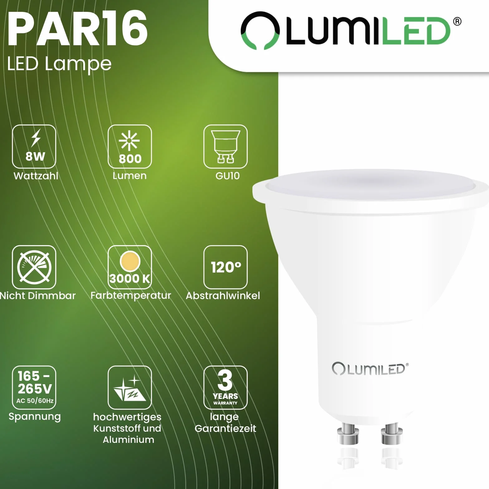 Lumiled Żarówka LED GU10 Reflektor PAR16 8W = 75W 800lm 3000K Ciepła biel 120° Energooszczędna Zestaw 10 sztuk