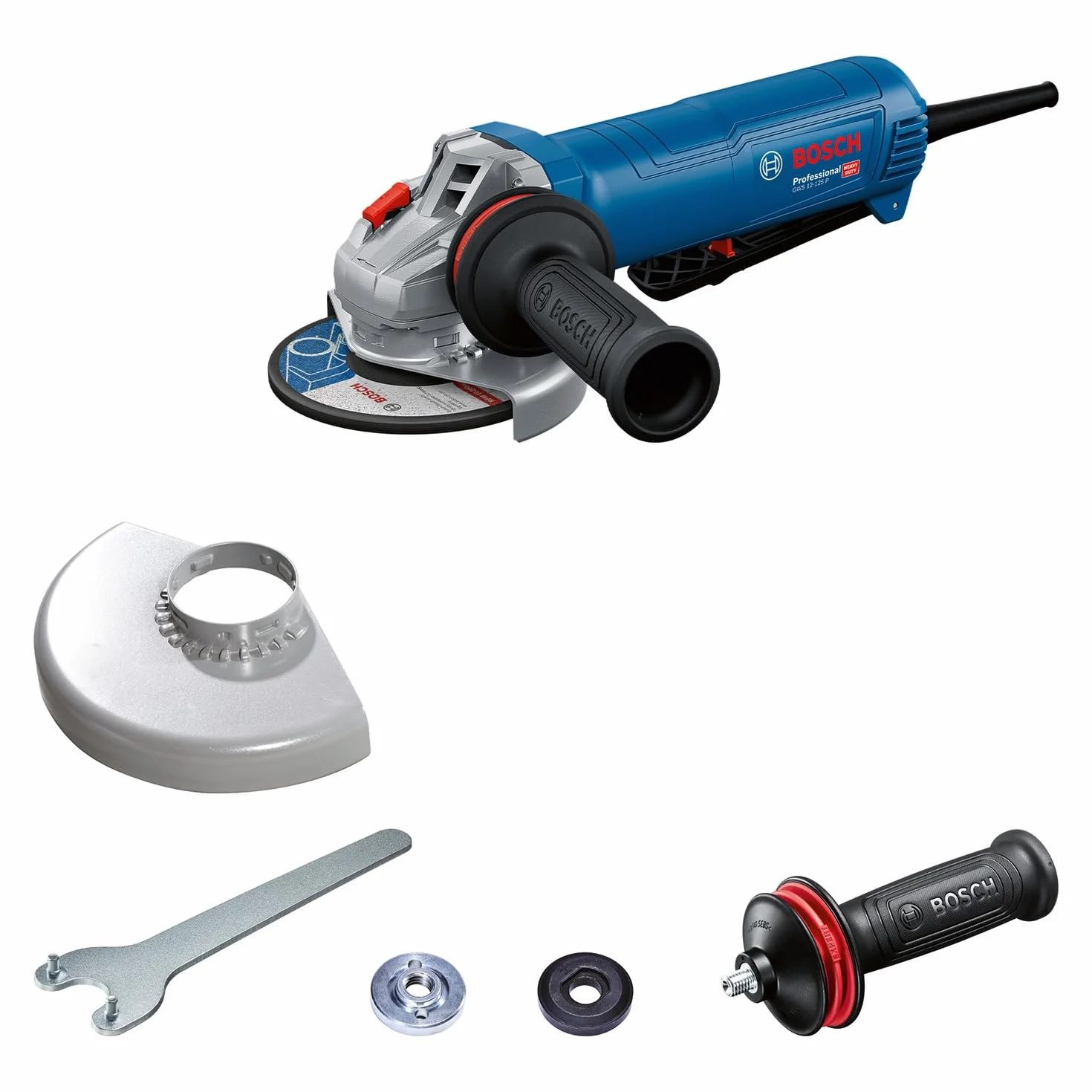 Bosch Professional: sieciowa szlifierka kątowa GWS 12-125 P (Ø tarczy: 125 mm, moc 1 200 W, rękojeść dodatkowa z systemem Vibration Control, pokrywa ochronna, klucz widełkowy)