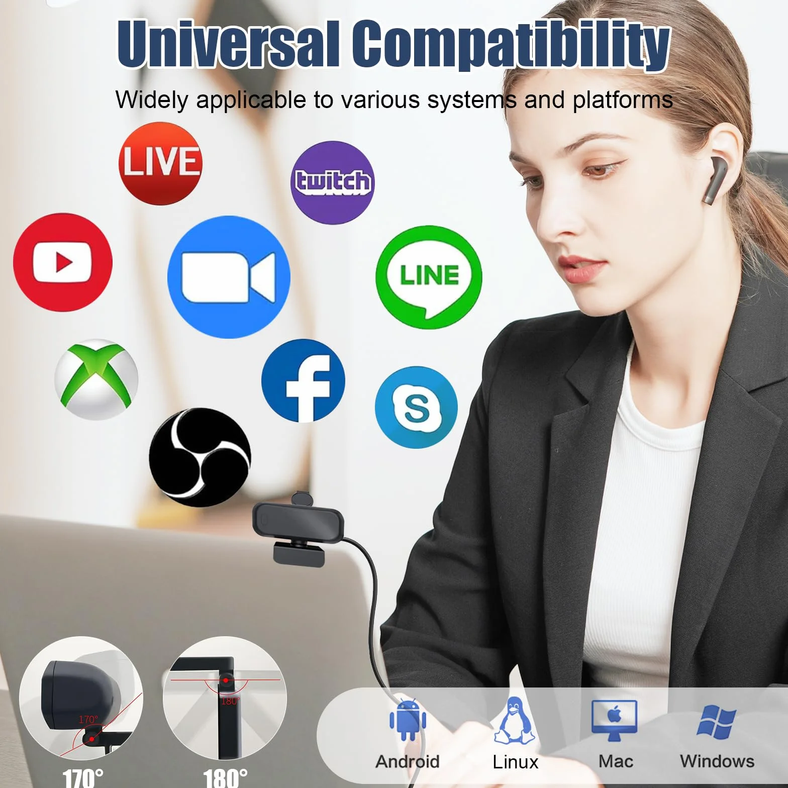 Kamera internetowa Full HD 1080p z dwoma mikrofonami, ulepszony autofokus, 30 kl./s, redukcja szumów, z migawką prywatności, kamera internetowa USB Plug and Play do wideokonferencji/połączeń online