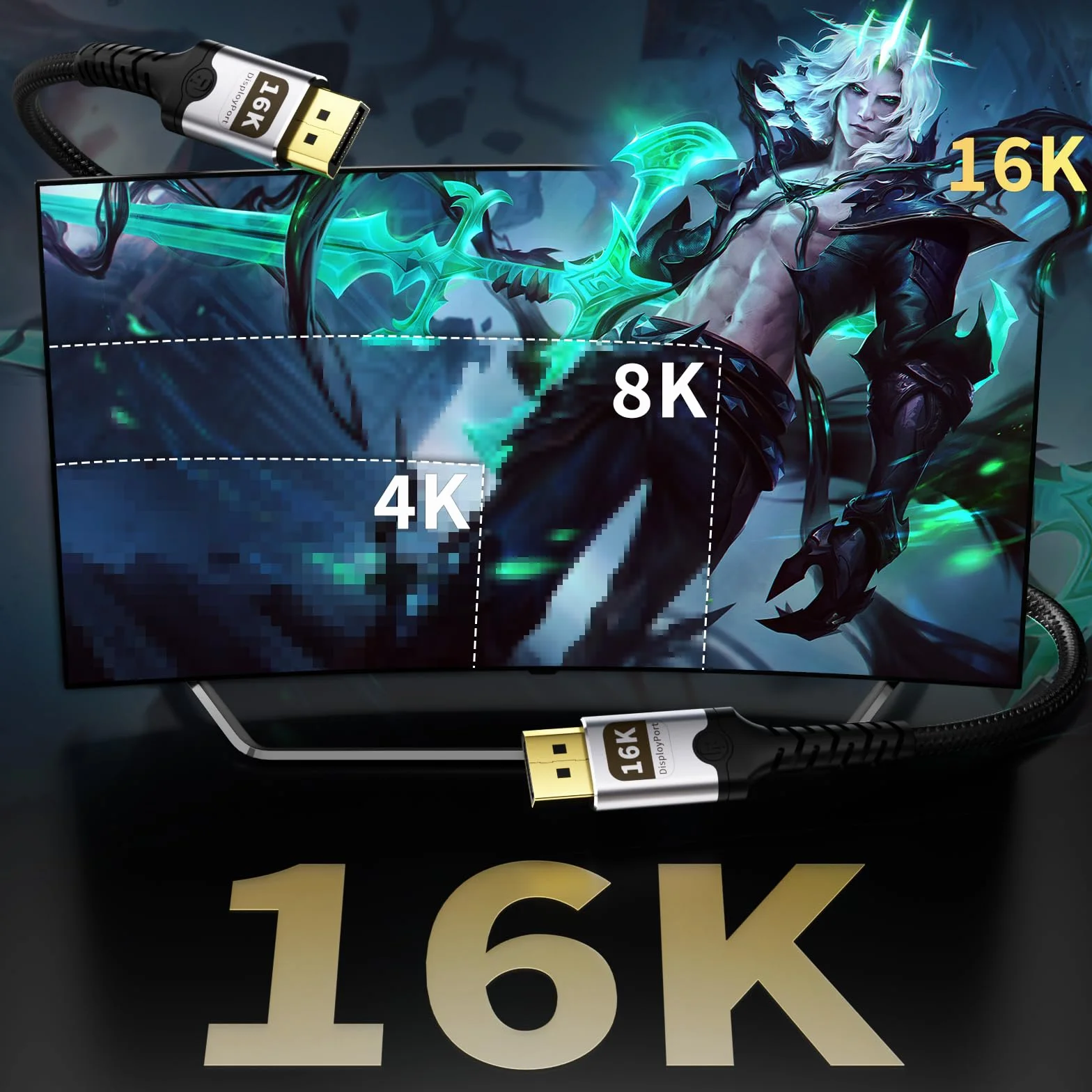 Kabel DisplayPort 2 m, kabel wyświetlacza 16K, obsługuje 80 GB/sek., 16K przy 60 Hz, 8K przy 120 Hz, 4K przy 240 Hz, HDR, DSC 1.2a, FreeSync, G-Sync, kabel DP 2.1 do monitora do gier, karty