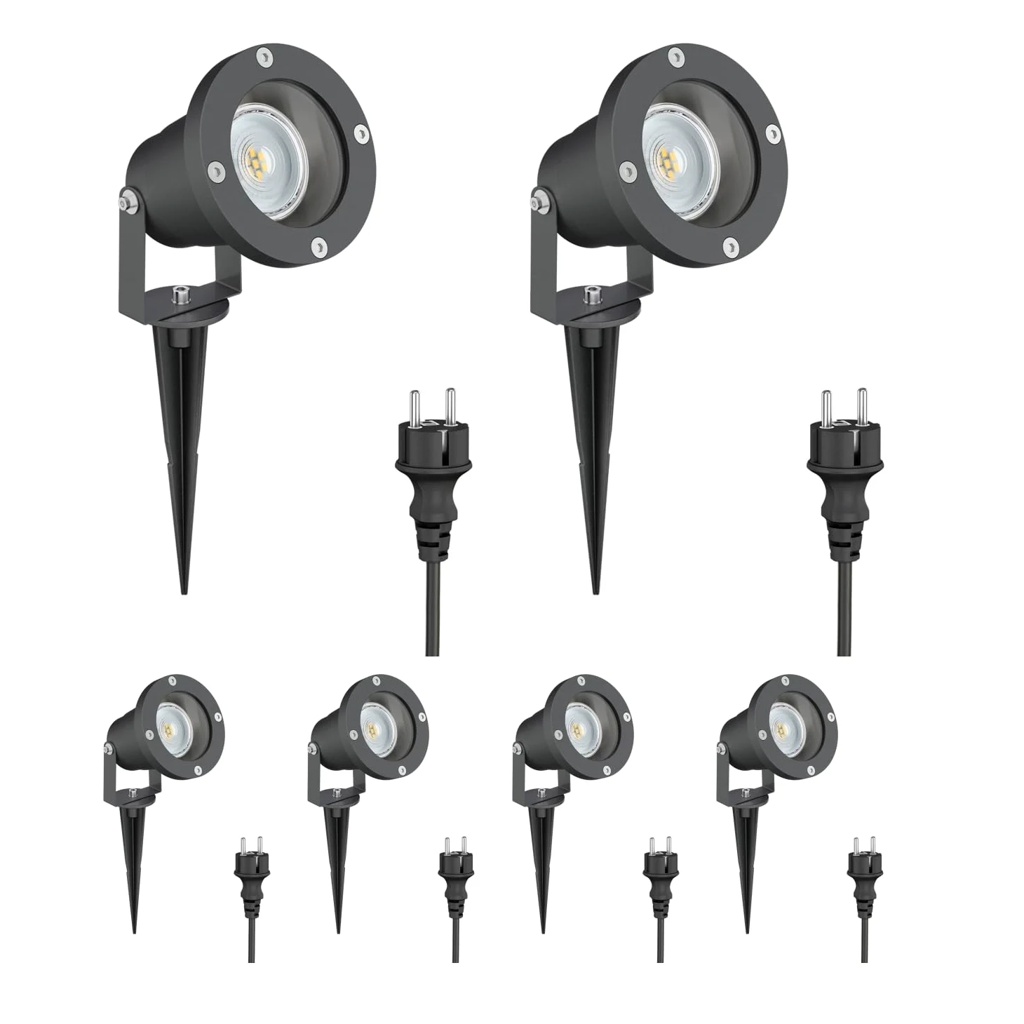 ledscom.de 6-elementowy reflektor ogrodowy LED DUK w kolorze antracytowym z kołkiem do wbijania w ziemię, do użytku na zewnątrz, IP65, w zestawie reflektor LED GU10 (ciepła biel, 5,4 W, 510 lm,