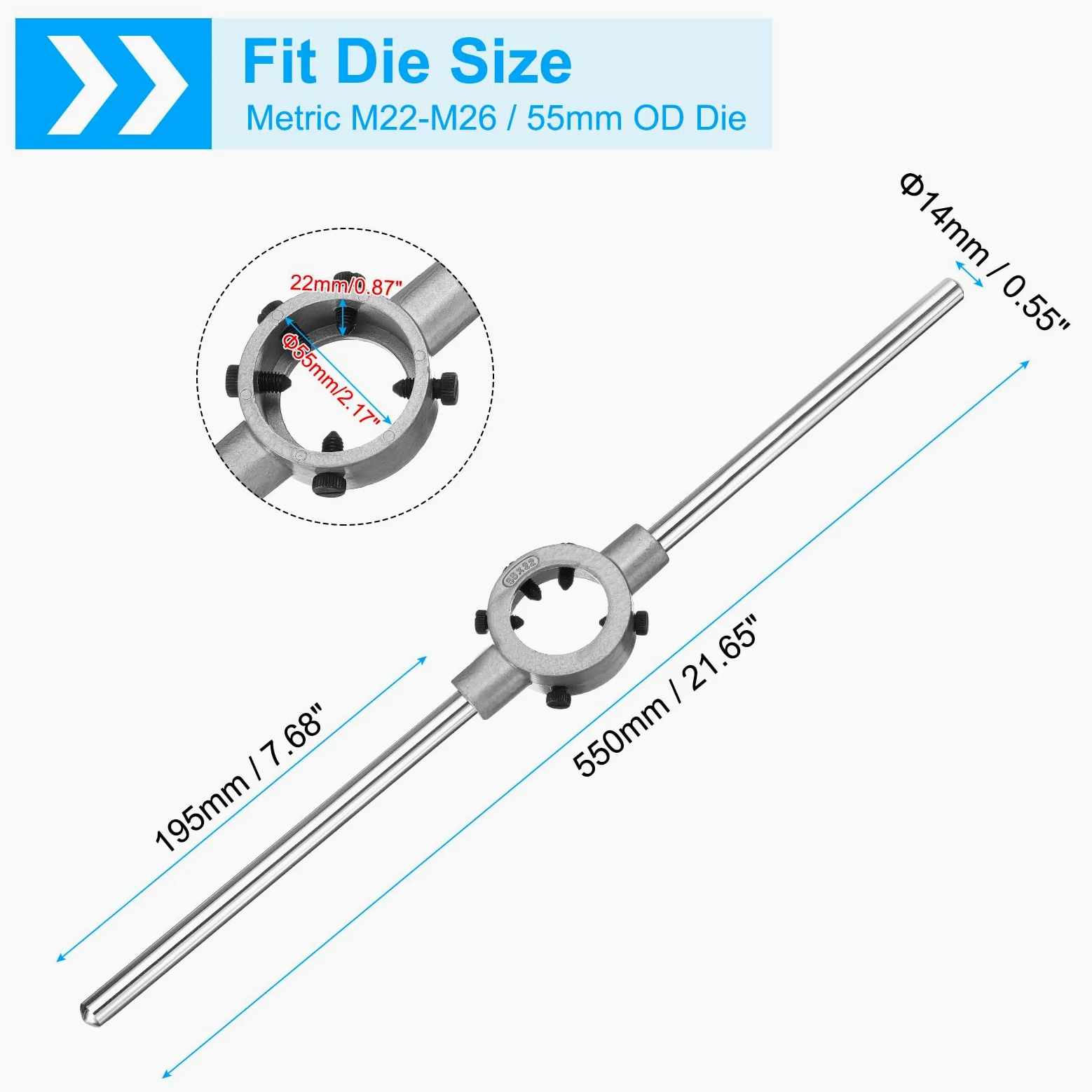 Klucz do narzynek 55 mm x 22 mm do narzynek okrągłych metrycznych M22-M26 / 55 mm średnicy zewnętrznej, regulowany uchwyt na narzynki, narzędzie ręczne do gwintowania i naprawy gwintów