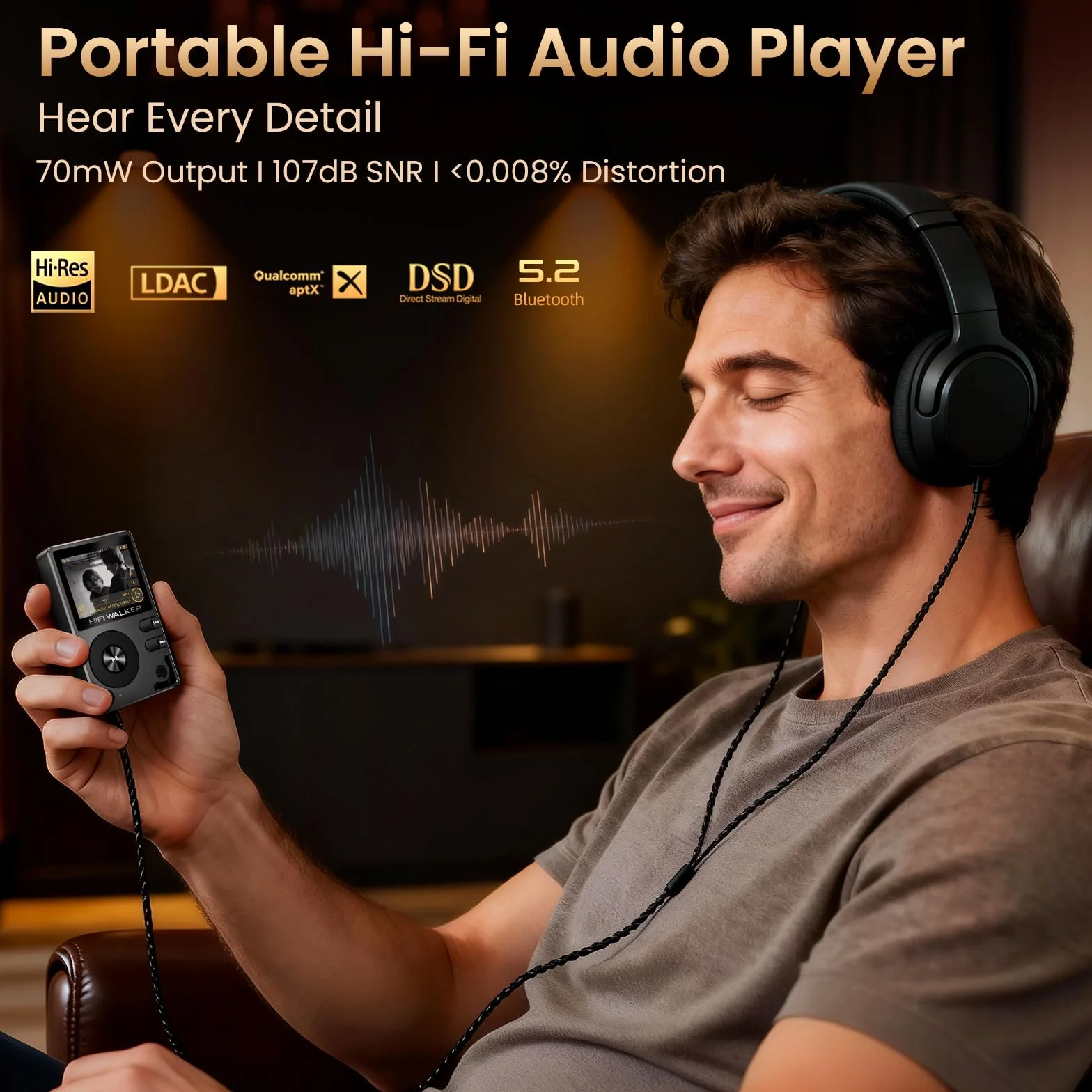 HIFI WALKER H2 Odtwarzacz MP3 z Bluetooth, DSD DAC, odtwarzacz Hi-Res FLAC, bezstratny odtwarzacz muzyczny, przenośny odtwarzacz audio z 64GB pamięcią, rozszerzalną do 256 GB