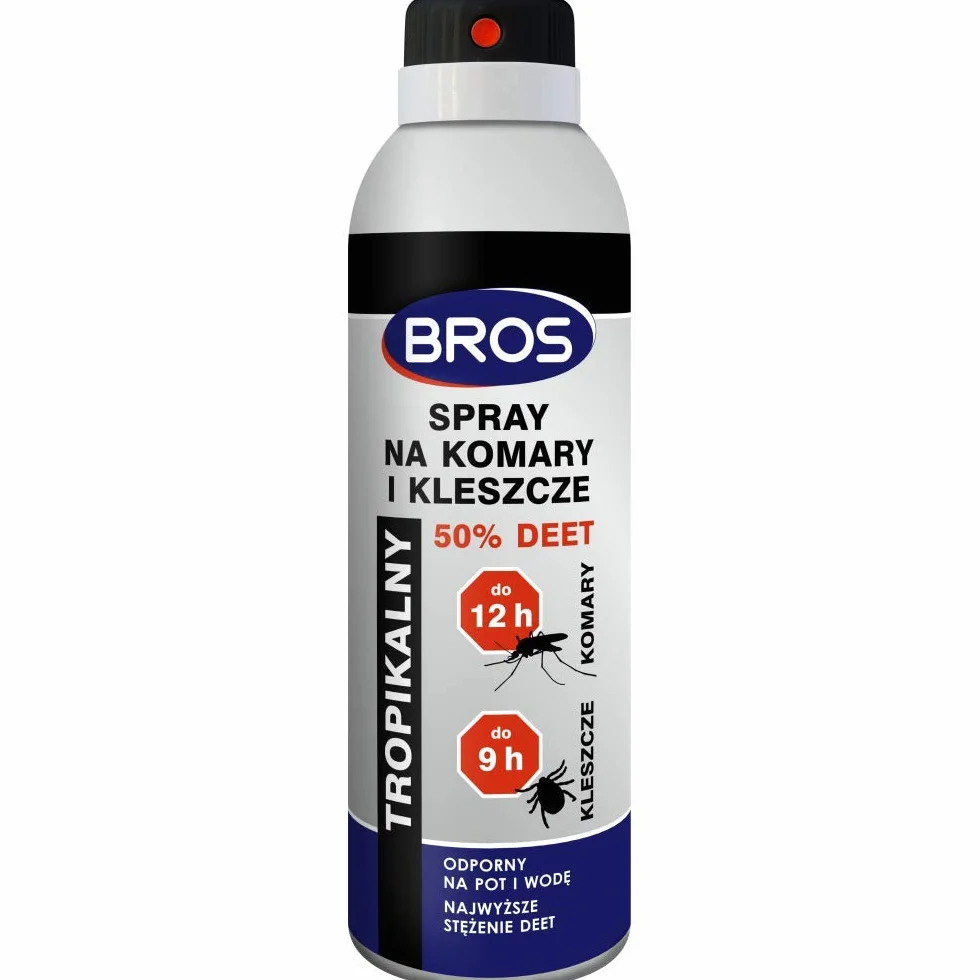 BROS Spray na komary i kleszcze 50% DEET 180ml Innowacyjny aerozol bardzo skutecznie odstrasza komary (w tym tropikalne, które przenoszą malarię, żółtą febrę i gorączkę zachodniego Nilu), kleszcze i meszki