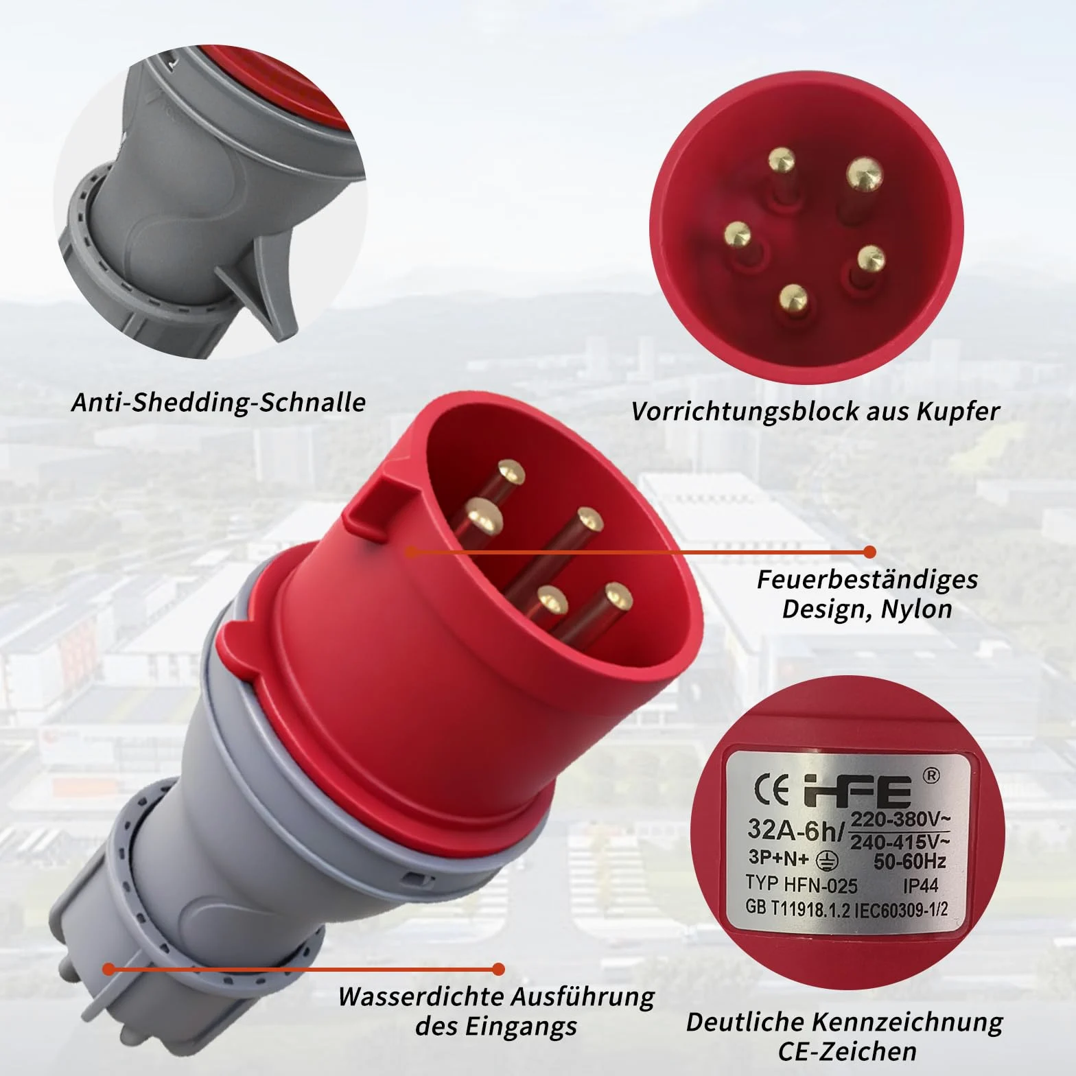 Adapter CEE 32 A na 16 A, wtyczka CEE, kabel przedłużający 230 V, IP44-66, rozdzielacz prądu z wyłącznikiem nadmiarowym, 5-pinowe gniazdko do warsztatu, na plac budowy