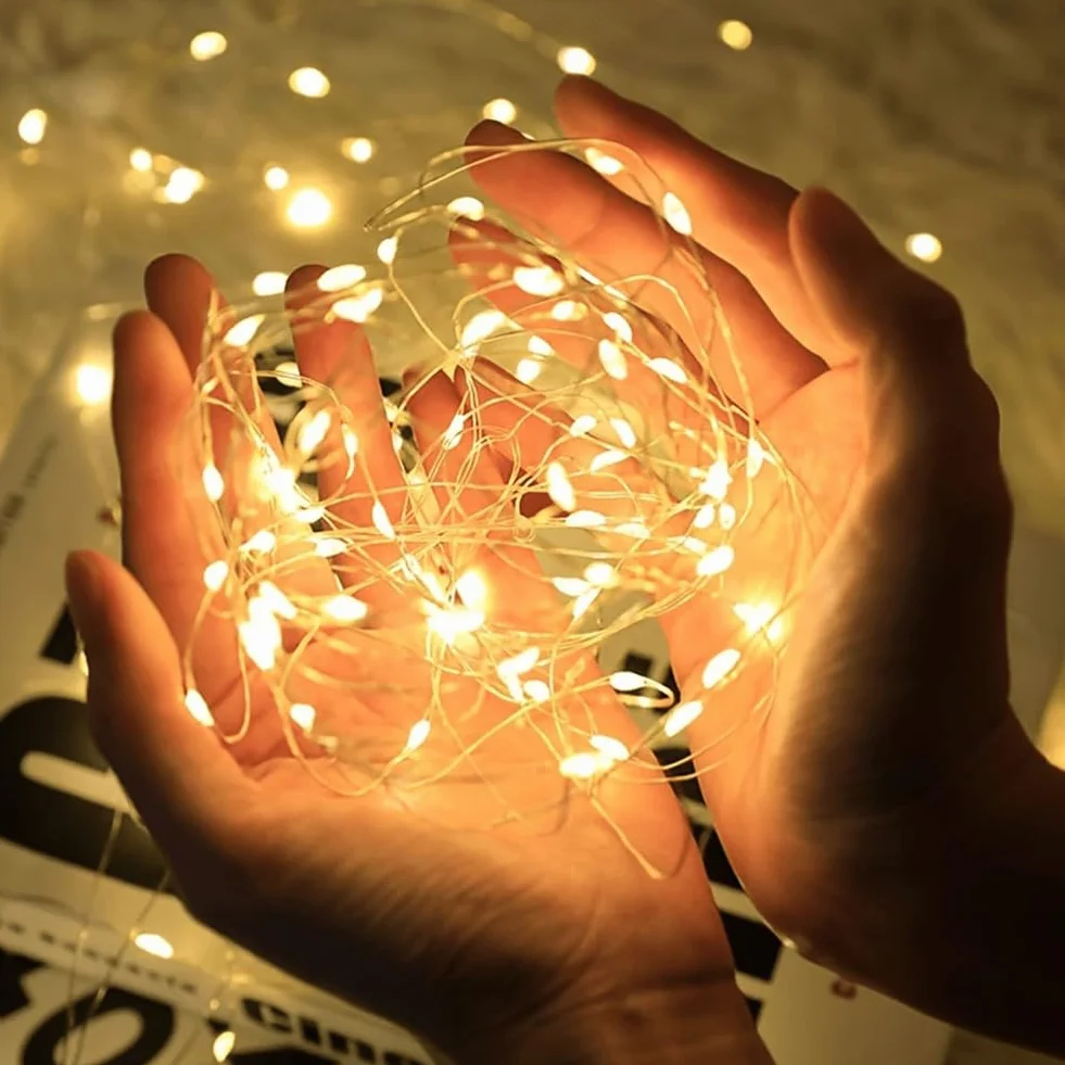 HOTUT Miedziany Łańcuch Świetlny na Baterie 2m 20 LED Ciepła Biała - 2 szt. do Sypialni