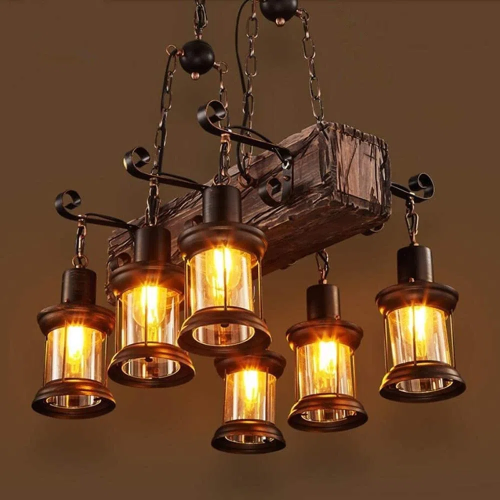 Lampa wisząca z drewna i szkła z 6 światłami