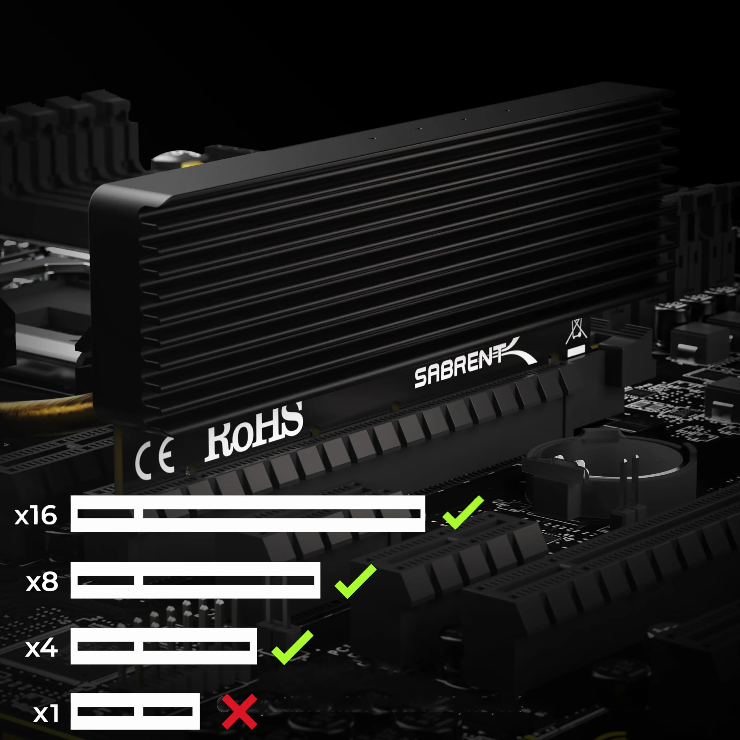 SABRENT Adapter M.2 SSD NVMe na PCIe z aluminiowym radiatorem i podkładką termiczną, do dysków SSD do 16 TB, konwerter M.2 NVMe na PCI-E 3.0 X4 X8 X16 (EC-PCIE)