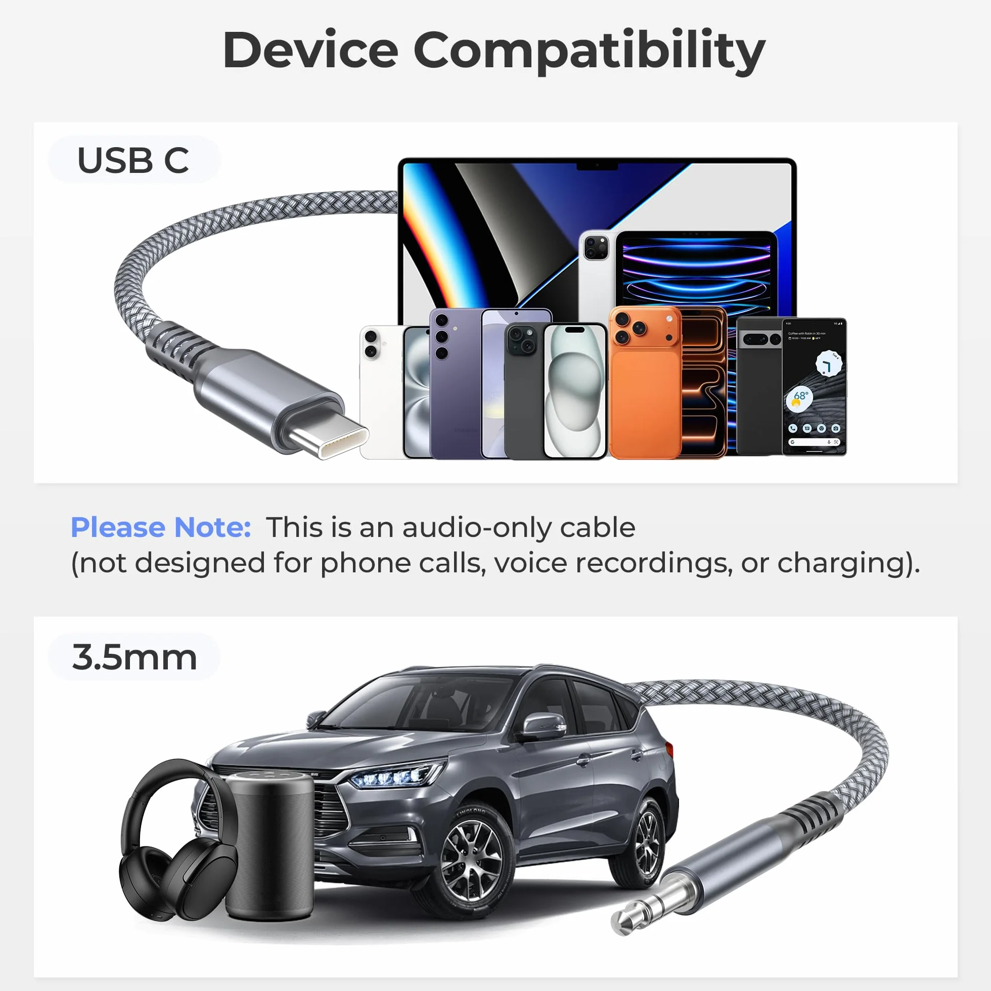 Basesailor Kabel USB-C na 3,5 mm Jack AUX 1,2 m przewód audio do samochodu