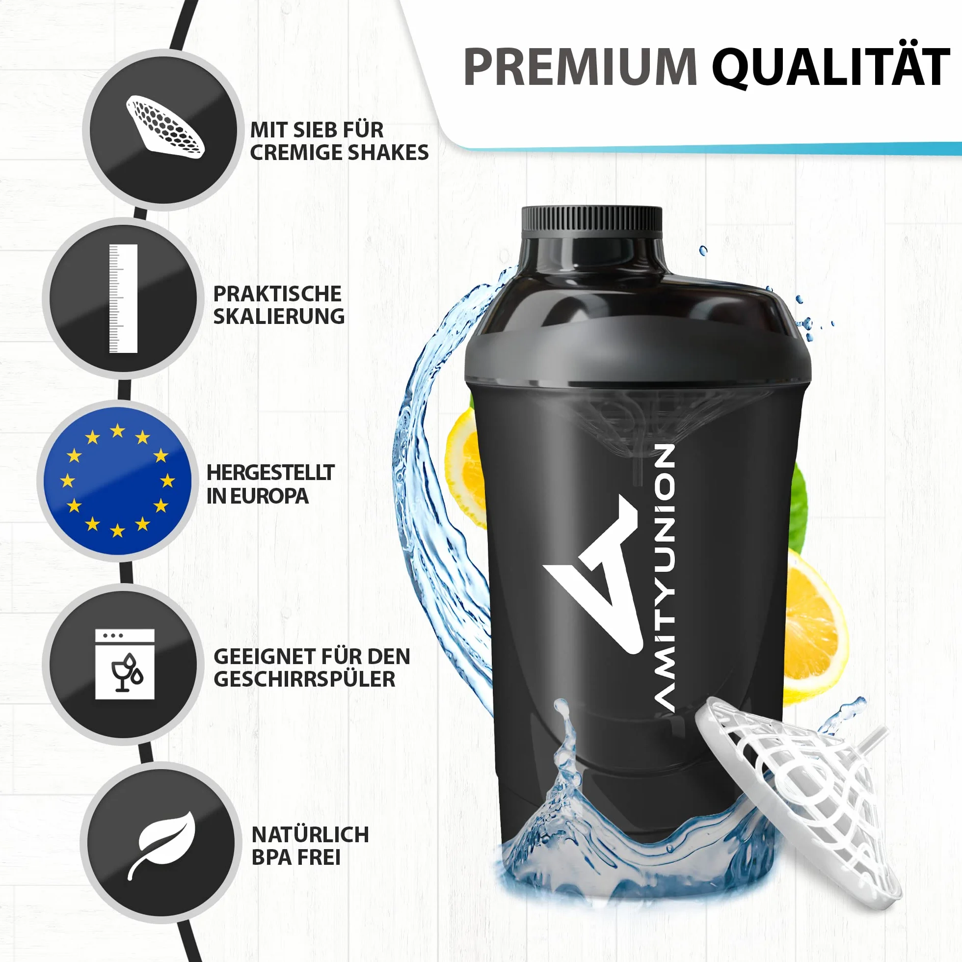 AMITYUNION Protein Shaker 800 ml - Bez BPA z sitkiem i skalą do kremowych shake'ów z białkiem serwatkowym - Kubek fitness na siłownię do izolatów i koncentratów sportowych, (Czarny dym)