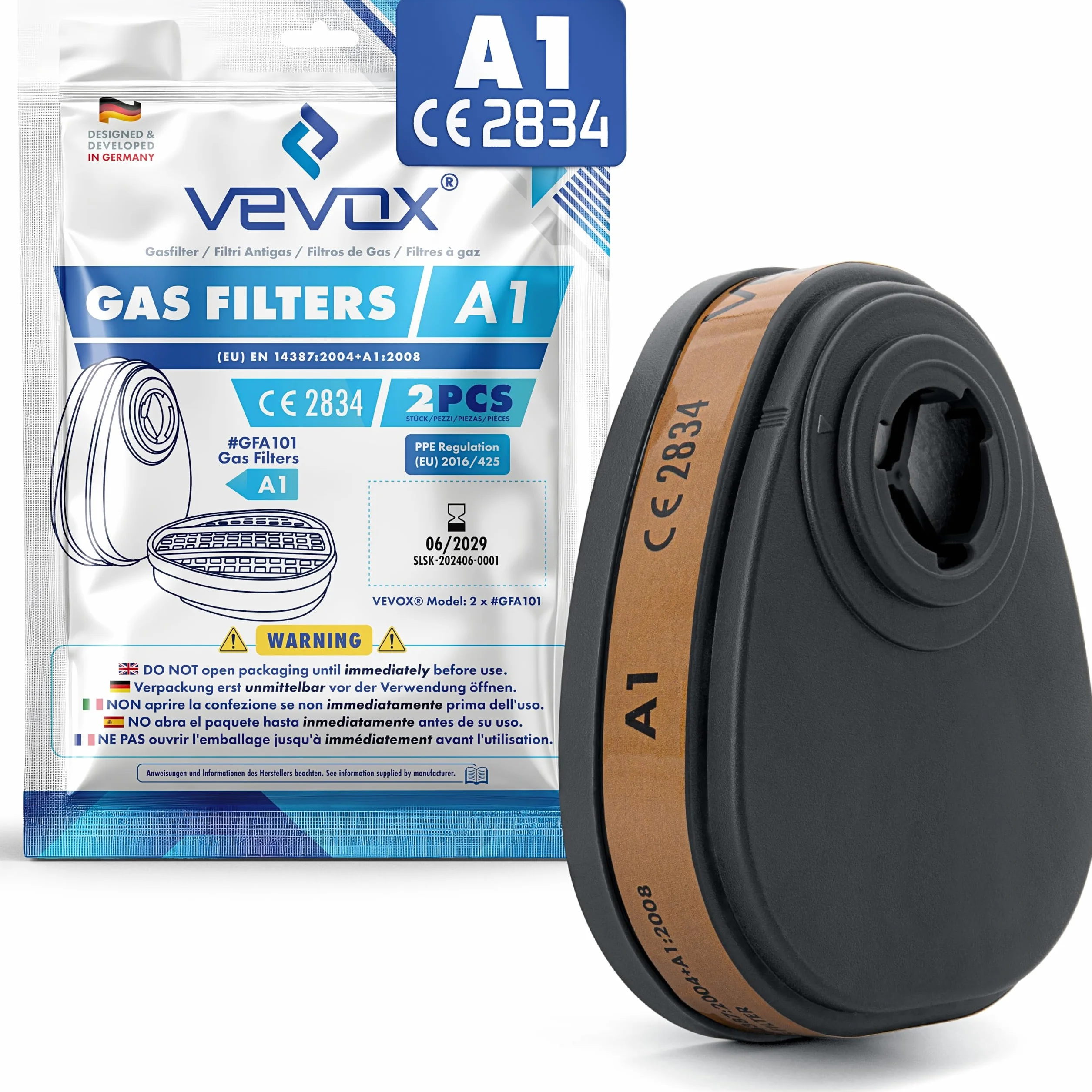VEVOX® - Filtr do półmaski - do wyboru filtr cząstek P2, P3 lub filtr gazu A1, ABEK1 - wkłady filtrujące do maski/półmaski gazowej (A1 Filtr gazu - 2 sztuk)
