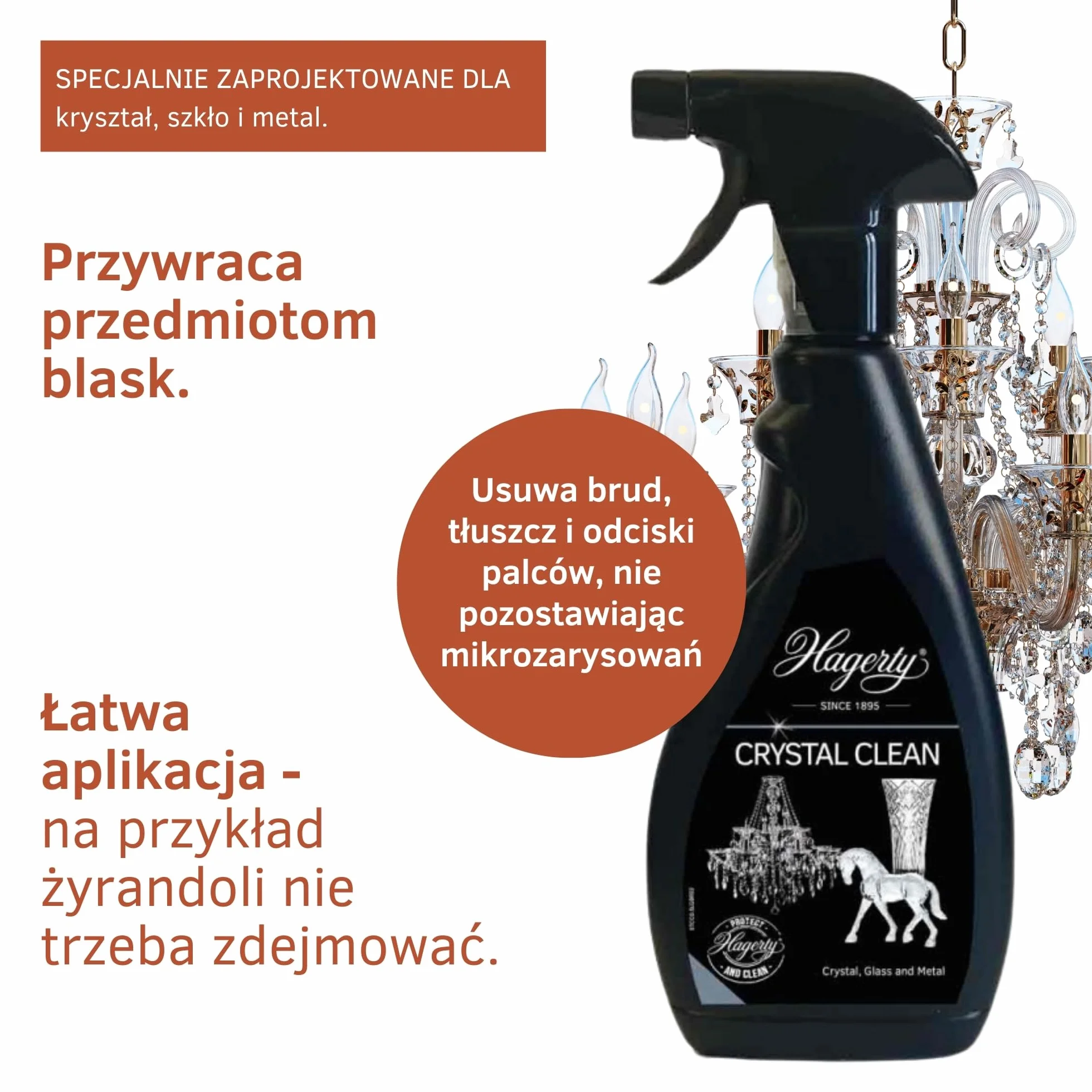 Hagerty Crystal Clean Spray do czyszczenia kryształów 500 ml I Skuteczny środek do czyszczenia żyrandoli I Spray do łatwego czyszczenia i pielęgnacji lamp z kryształu szkła i metalu