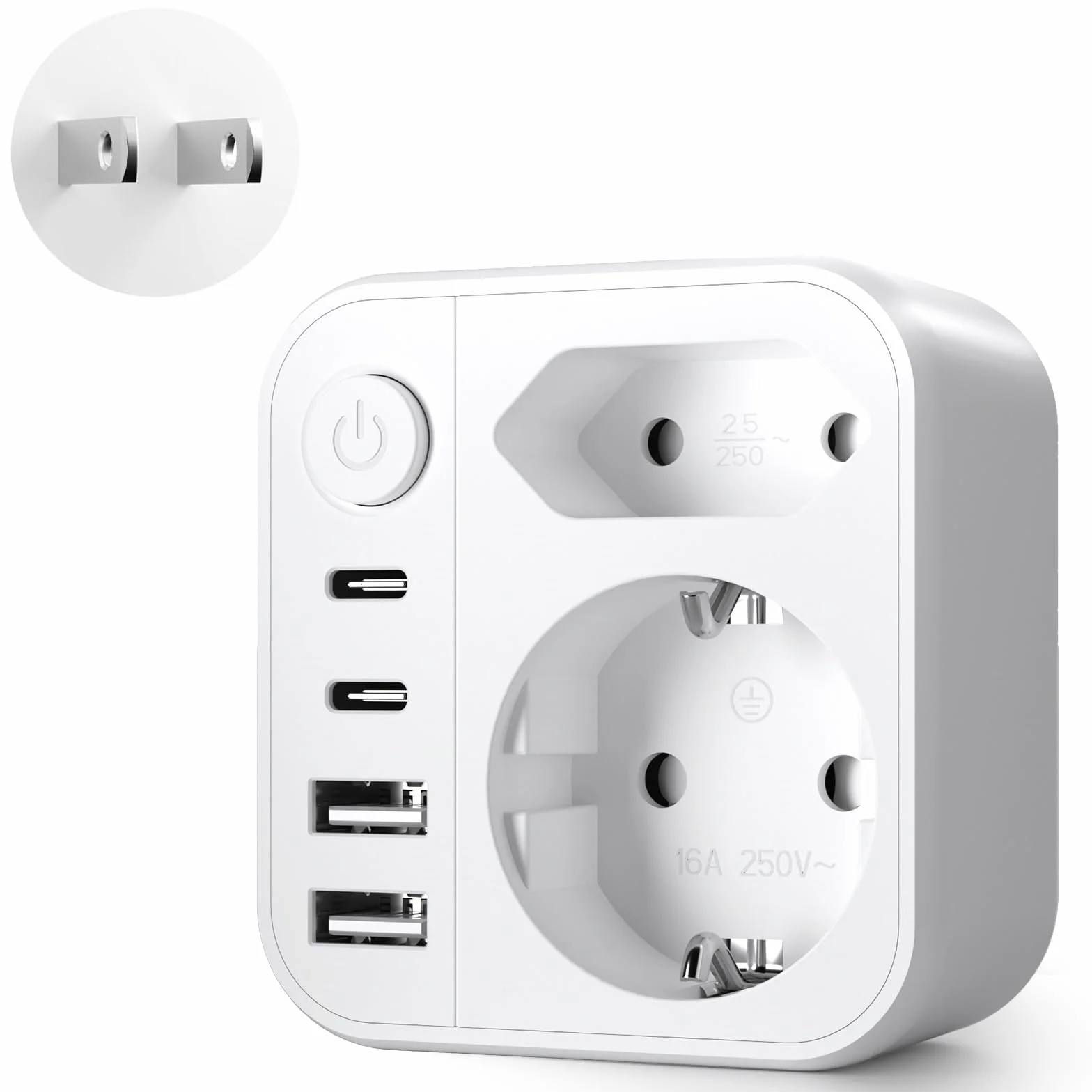 Adapter podróżny 2500 W 2 USB A USB C Schuko typ A do Japonii USA Kanady biały