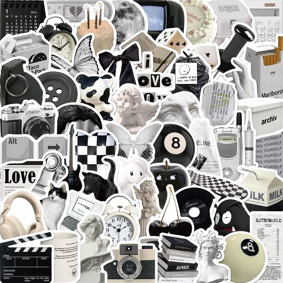 Zestaw 61 minimalistycznych naklejek w czerni i bieli, naklejki, vintage, wodoodporne naklejki do scrapbookingu na bagaż, laptop, butelki na wodę itp.