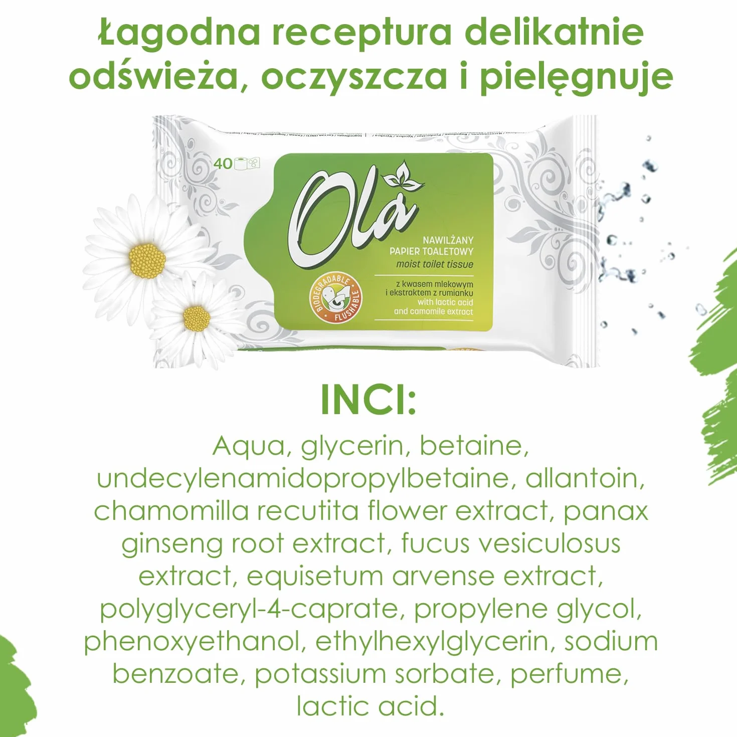 OLA Nawilżany papier toaletowy z ekstraktem z rumianku i kwasem mlekowym - spłukiwalny - Połączenie nawilżanego papieru i mokrej chusteczki - oczyszcza okolice intymne - do skóry wrażliwej - 40 sztuk