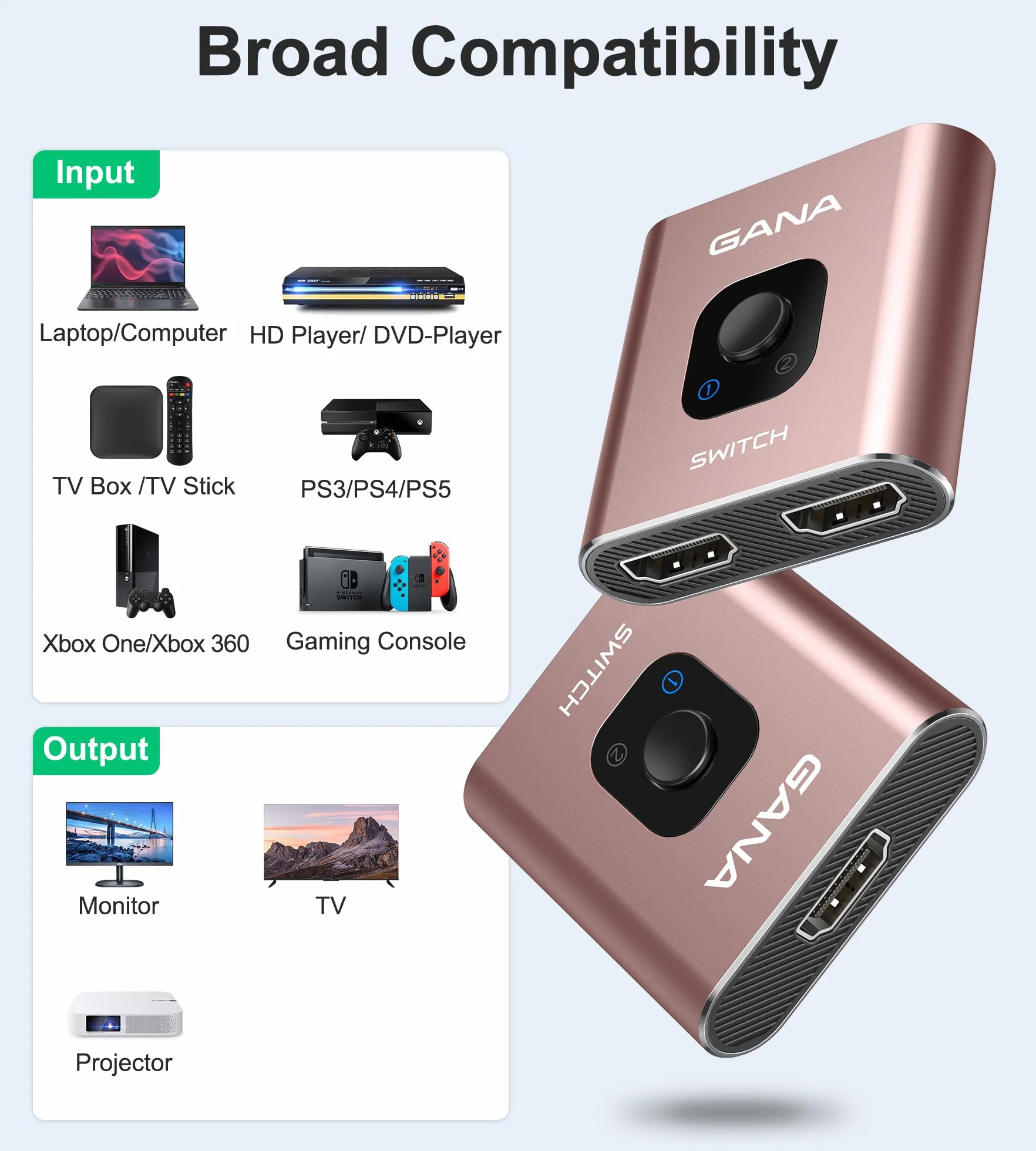 GANA Dwukierunkowy rozdzielacz HDMI Switch 4K 2 wejścia 1 wyjście aluminiowy przełącznik HDMI 4K 3D 1080P różowy