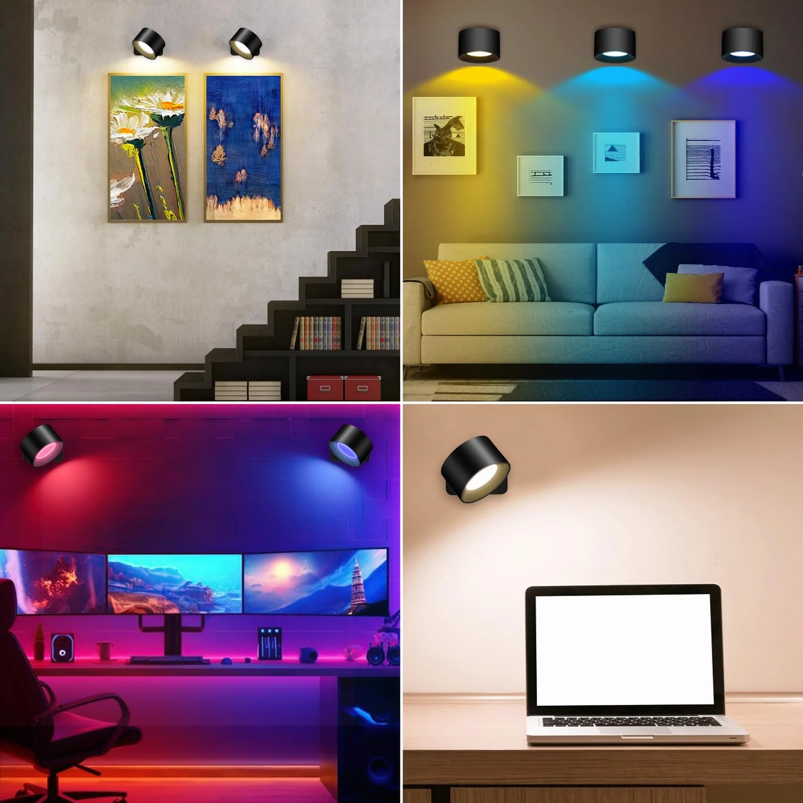 GuKKK Lampa ścienna RGB, zestaw 2 lamp ściennych LED, obrót o 360°, lampa ścienna z portem USB, sterowanie dotykowe, 16 poziomów jasności 3 temperatury (czarna)