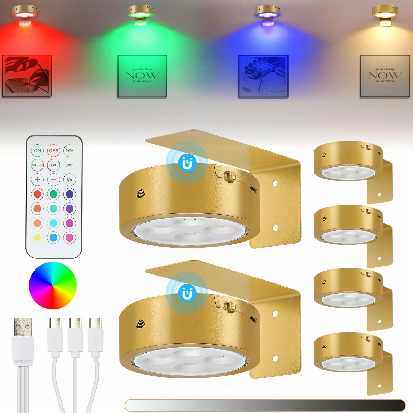 Bezprzewodowa lampa do zdjęć LED, 6 sztuk, ładowana przez USB, złota ramka na zdjęcia, z pilotem zdalnego sterowania, oświetlenie darta, magnetyczna lampa z timerem