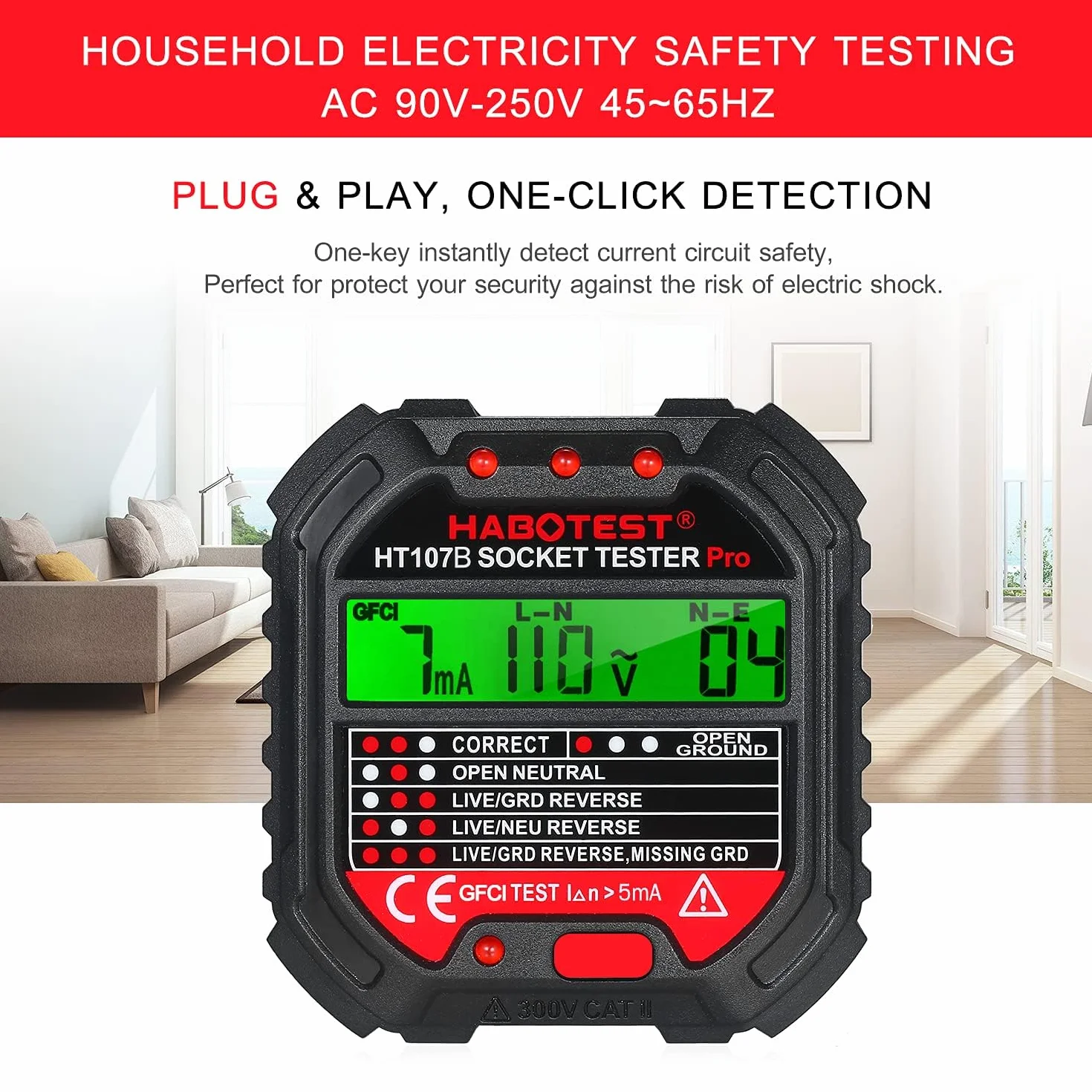 Tester gniazdek z kontrolką RCD, tester gniazd z kontrolką, 6 rodzajów diagnostyki błędów, tester napięcia, CAT ll 300 V