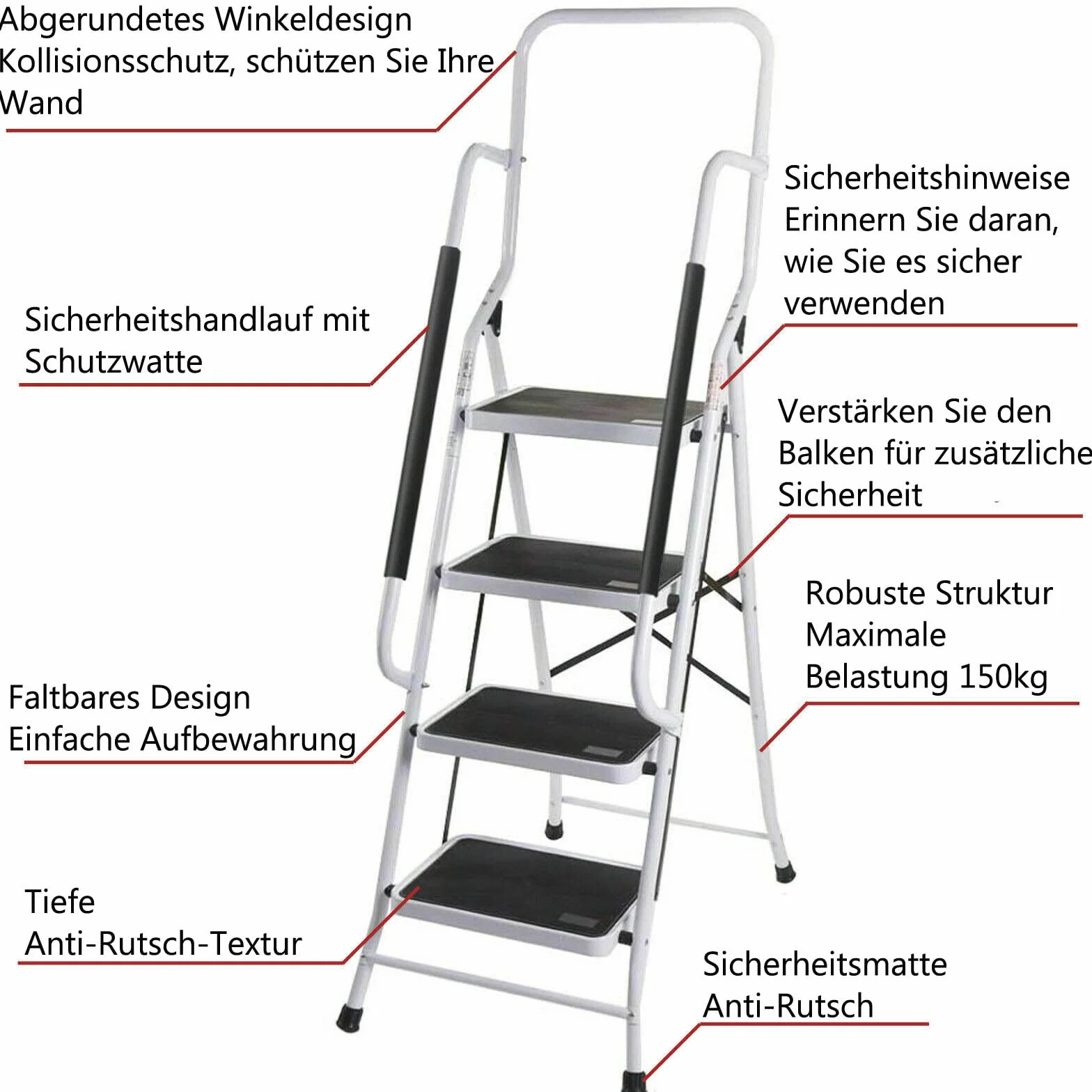 Drabina domowa z poręczą i antypoślizgową matą, składana drabina design, drabina do domu, kuchni, ogrodu, garażu, magazynu, 4 stopnie, przenośna, składana, odporna na uszkodzenia