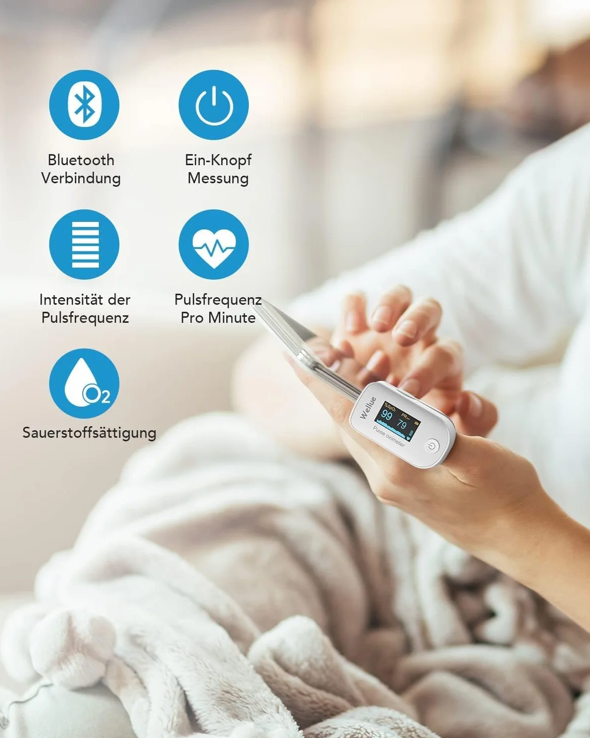 Pulsoksymetr, oksymetr z klipsem na palec, Bluetooth, miernik nasycenia krwi tlenem, przenośny monitor zdrowia na poziomie SPO2, biały