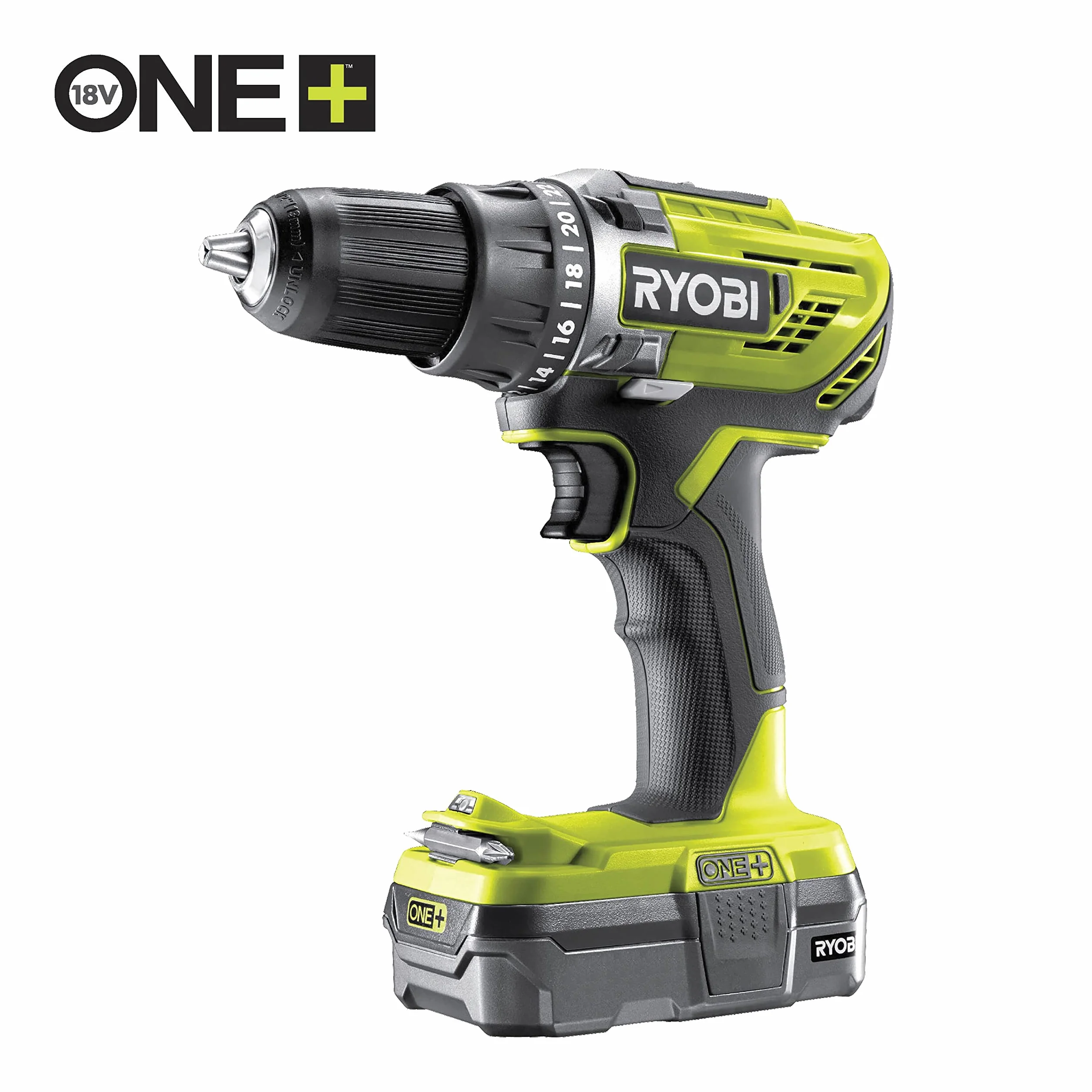 RYOBI - Zestaw 4 narzędzi 18 V ONE+: wiertarka + wyrzynarka + piła tarczowa + lampa LED + 2 baterie 2,0 Ah + ładowarka, 1 duża torba transportowa