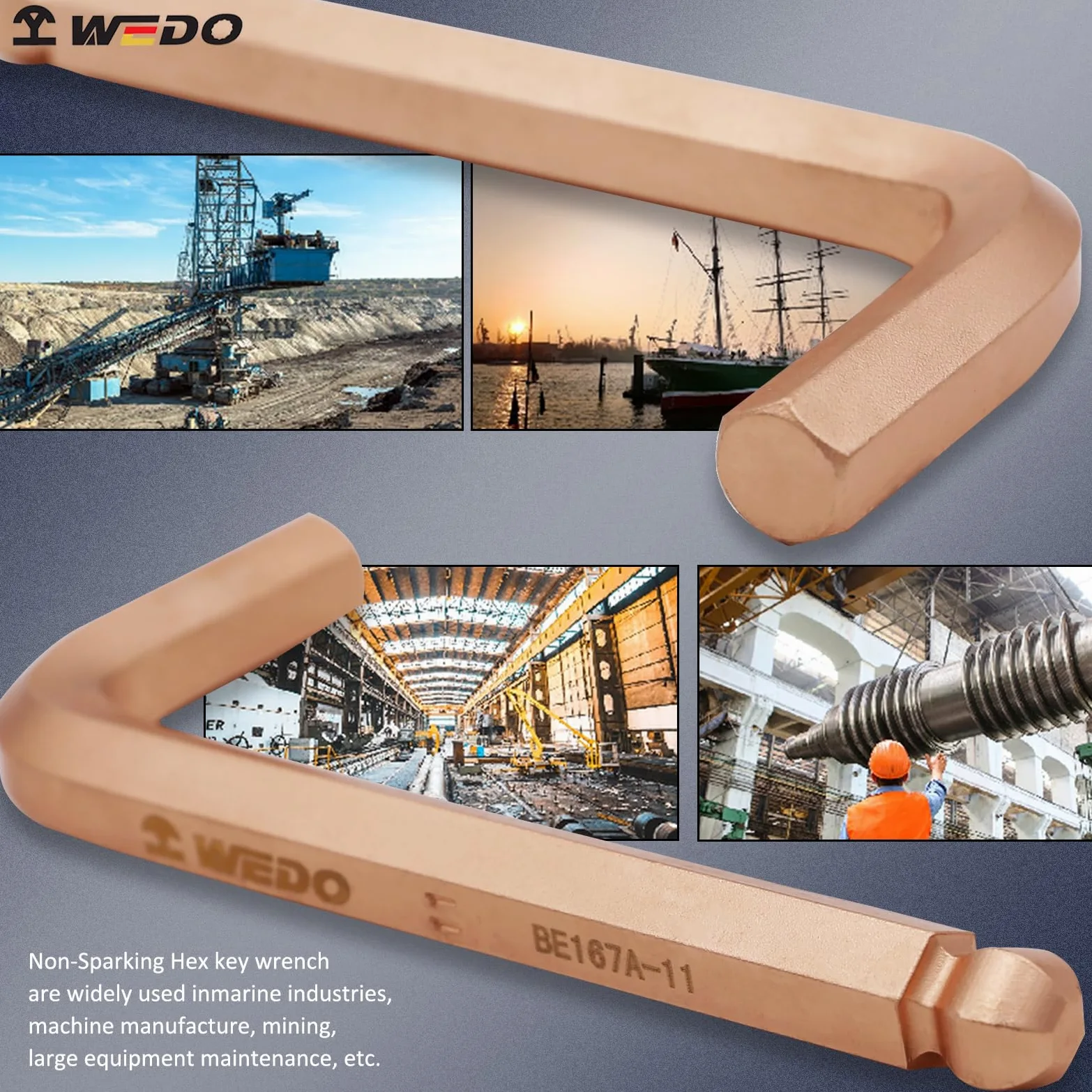 WEDO Nieparkingowy klucz imbusowy z kulką, klucz bezpieczeństwa bez iskier, miedź berylowa, standard DIN, certyfikat BAM i FM, 0,39", szerokość 10 mm