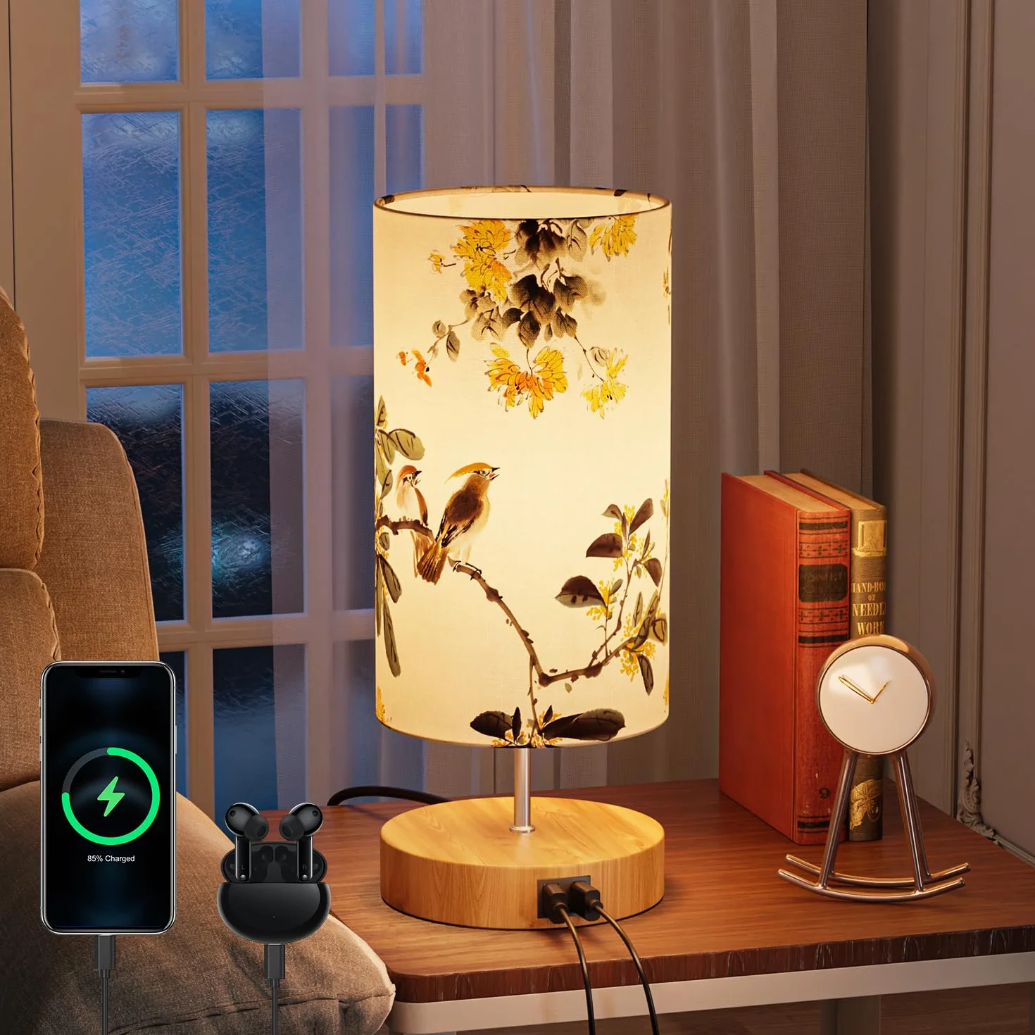 GPATIO Nowoczesna lampka nocna, dotykowa, ściemniana, dekoracja sypialni, z nadrukiem, 2 porty ładowania USB, lampa LED