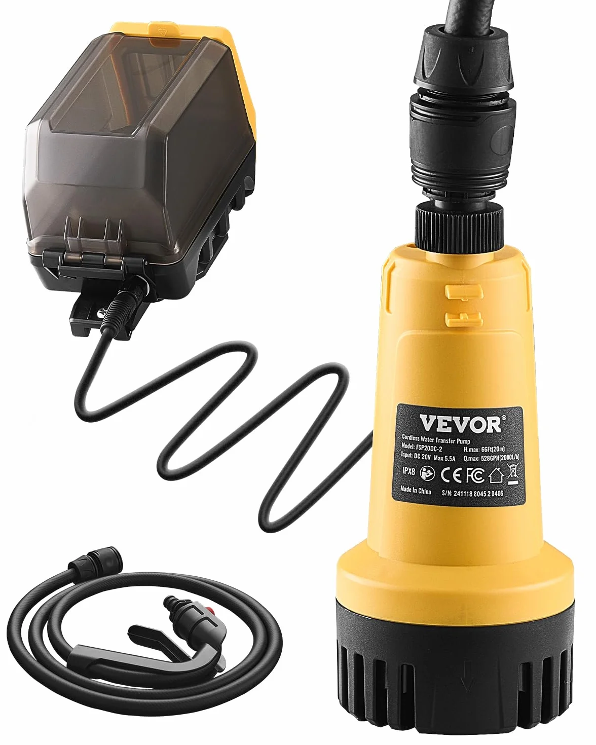 VEVOR 528 GPH Bezprzewodowa zatapialna pompa wodna do transferu wody z wężem G3/4", kompatybilna z Dewalt 20V MAX bateria (bez baterii) do basenu, ogrodu, stawu