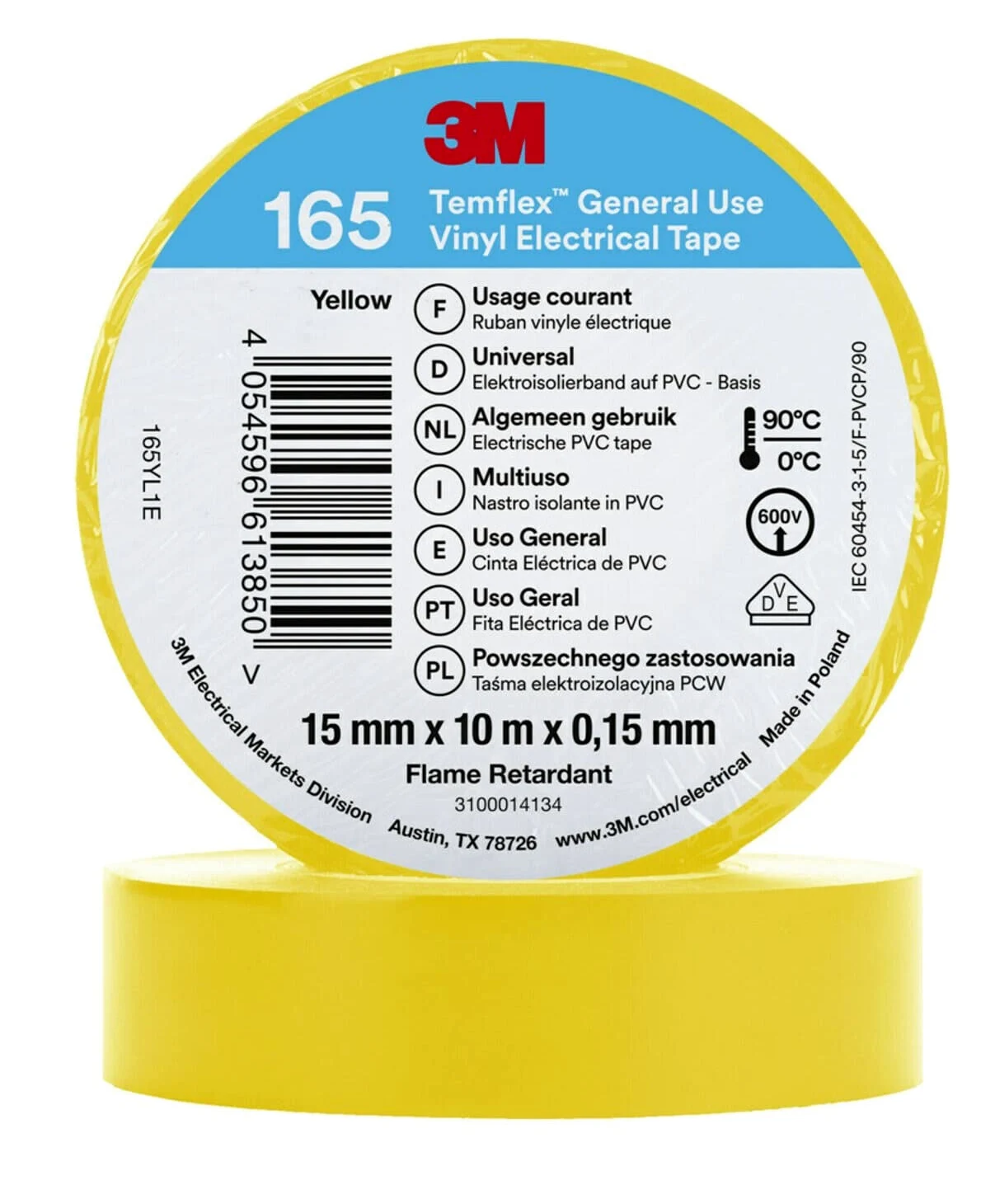 3M Temflex Winylowa taśma elektryczna 165, żółta, 15 mm x 10 m, 100 rolek/obudowa