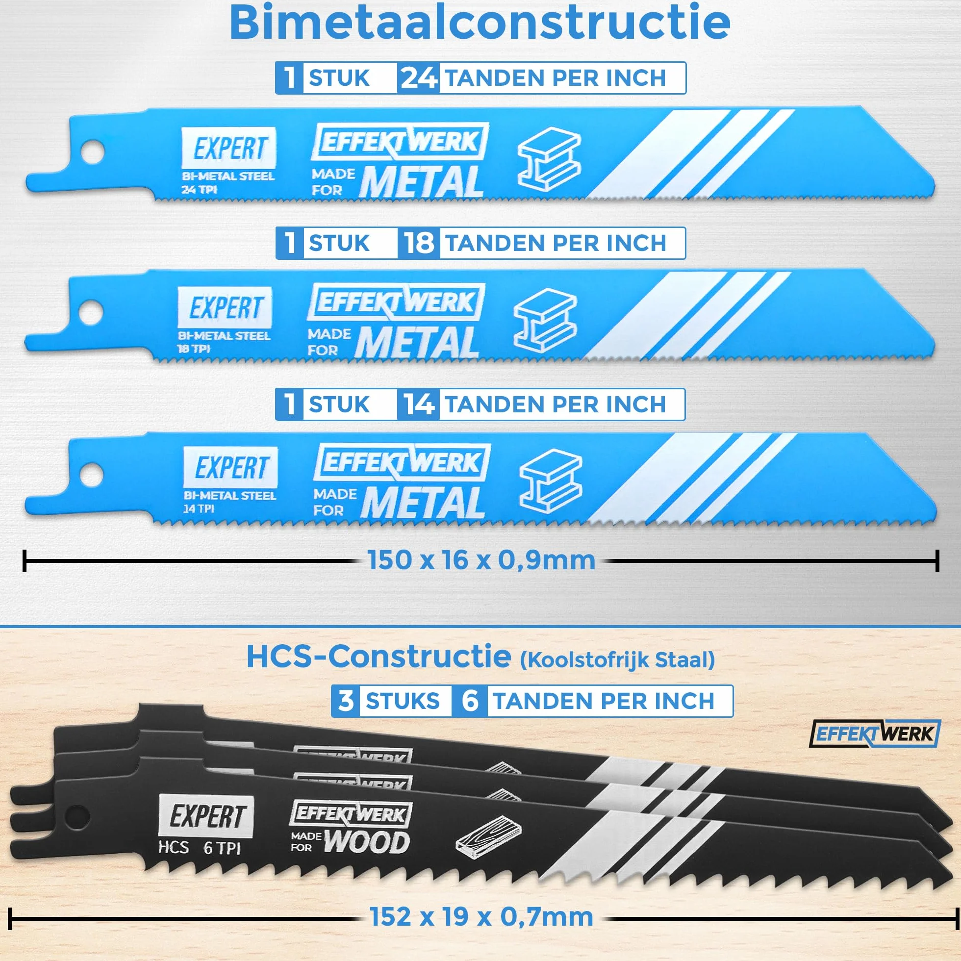 Reciprocating Saw Blades for Wood & Metal - 6 Pieces - 3 HCS Steel Saw Blades for Wood - 3 Bi-Metal Steel Blades for Metal - 6/14/18/24 TPI (Teeth per Inch)