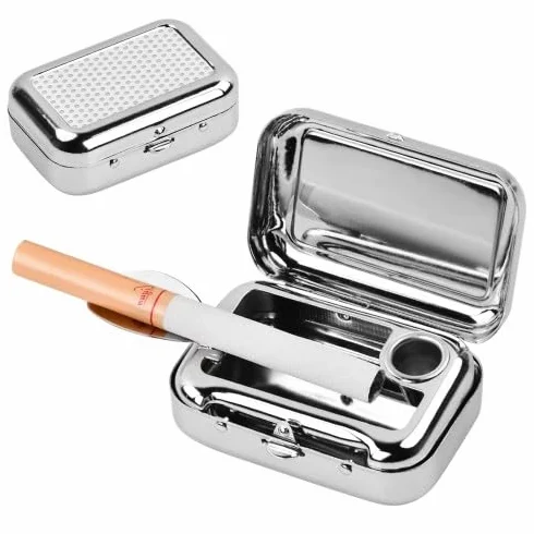 Dokeno metalowy kwadratowy pojemnik na popiół przenośny z pokrywką Mini popielniczka na zewnątrz do podróży pieszych na kempingu na plaży wędkowania (srebrny)