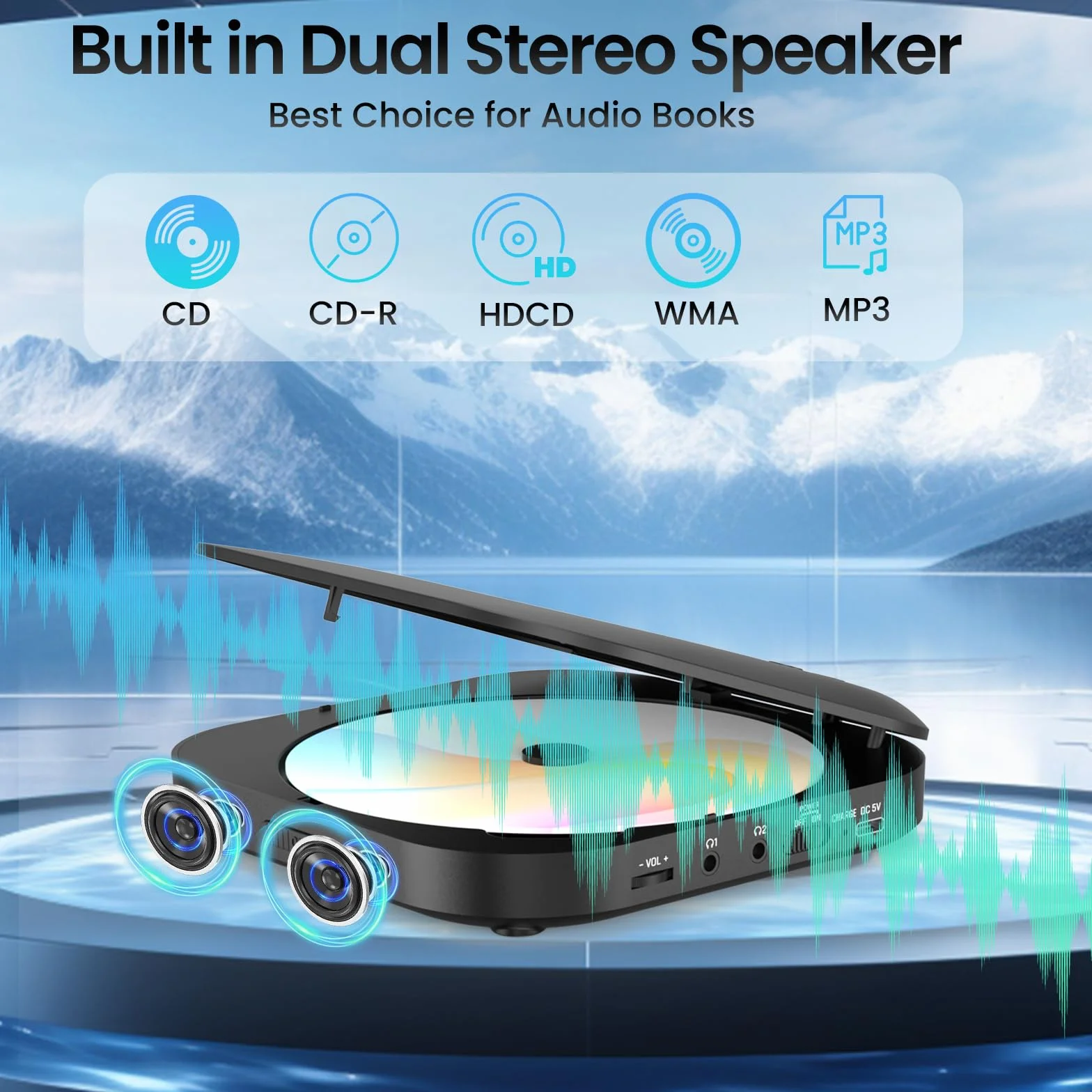 Przenośny odtwarzacz CD Bluetooth Discman do samochodu z FM, Anti-Skip, Dwa głośniki stereo