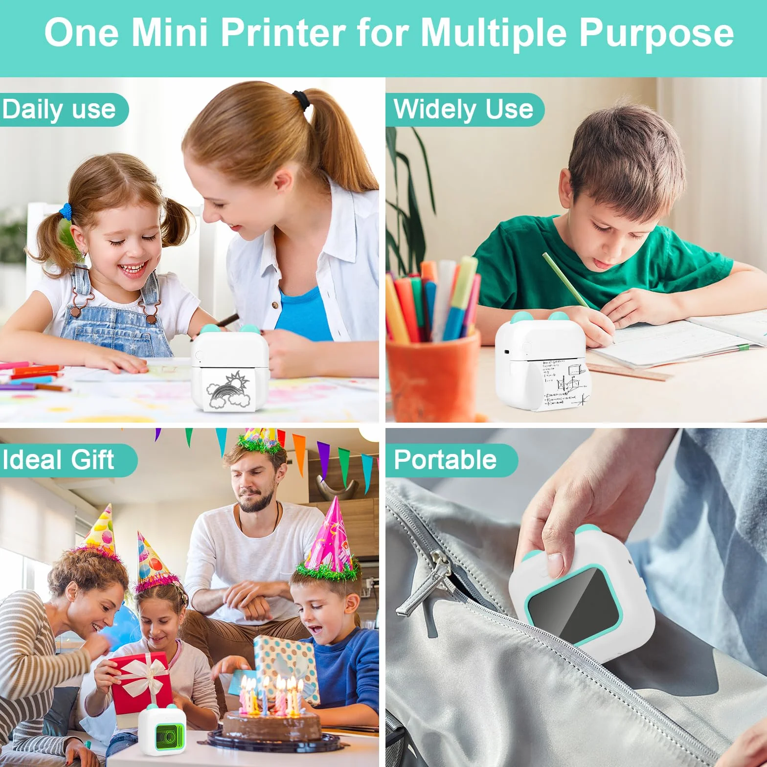 Mini drukarka, mobilna drukarka fotograficzna, przenośna mini drukarka fotograficzna z siedmioma kolorami LED i lustrami, bezprzewodowa drukarka termiczna z 13 rolkami papieru do drukarki,