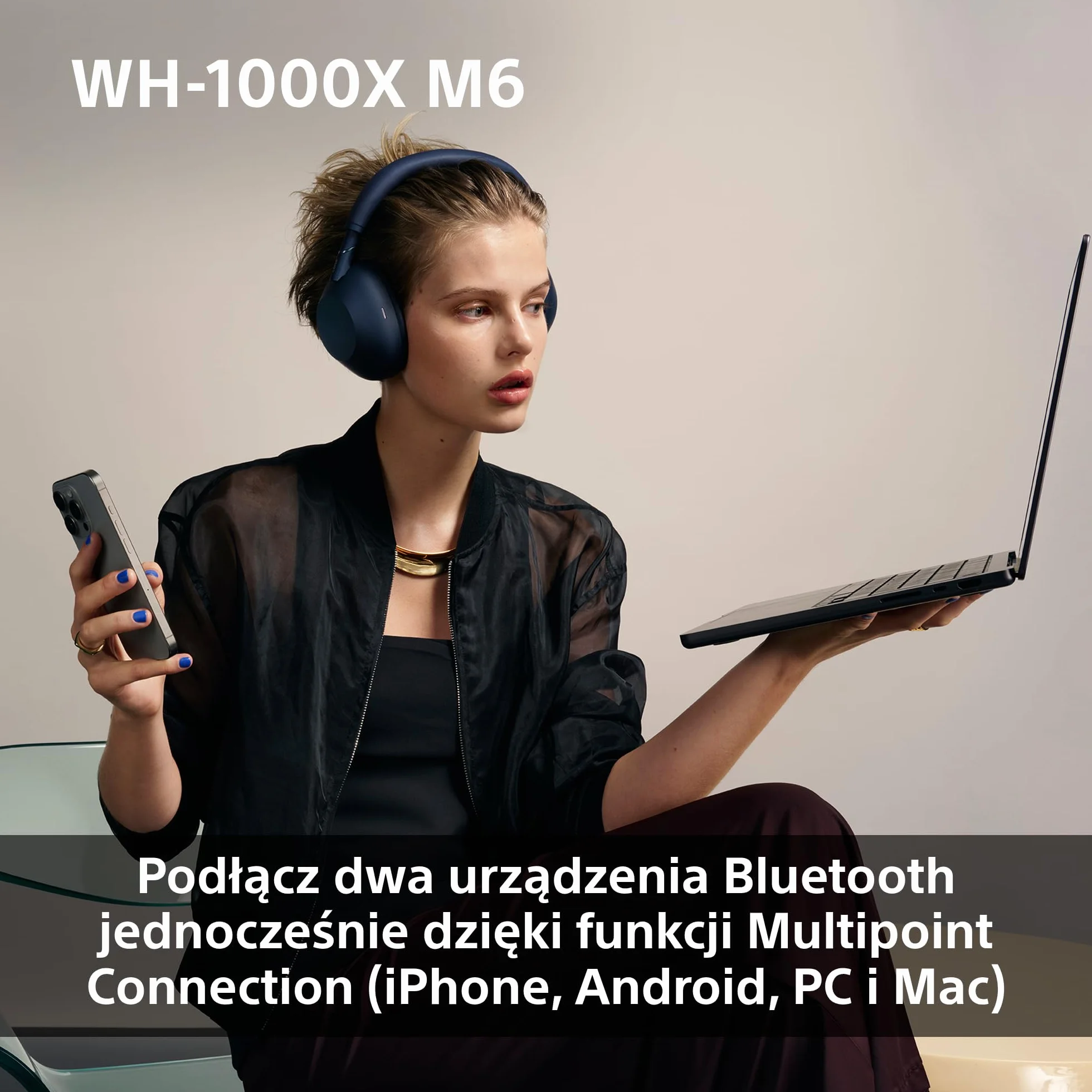 SONY WH-1000XM6 Flagowe bezprzewodowe słuchawki nauszne z redukcją szumów, wyjątkowy dźwięk Hi-Res, najwyższy komfort, składana konstrukcja, wytrzymałe etui, akumulator 30 HR, iOS i Android -granatowe