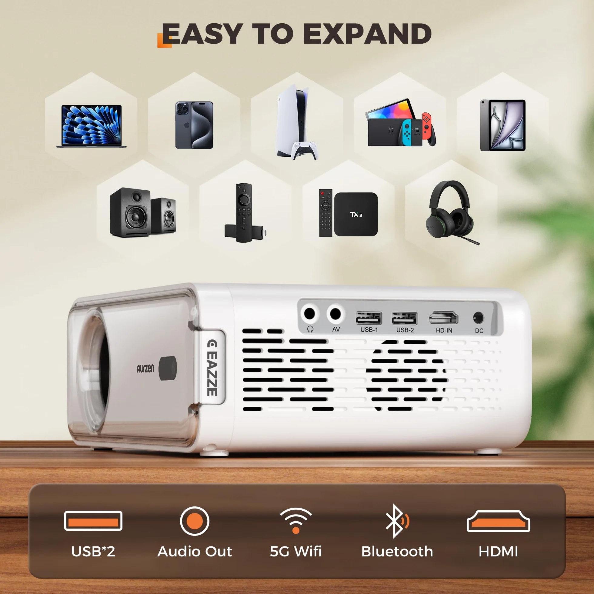 NetfIix oficjalnie i DoIby Audio] Aurzen Eazze D1 4K obsługiwany inteligentny projektor z automatyczną ostrością i automatycznym keystone, 50% zoomem, HDR 10, 60 Hz przenośny projektor do iOS/Android