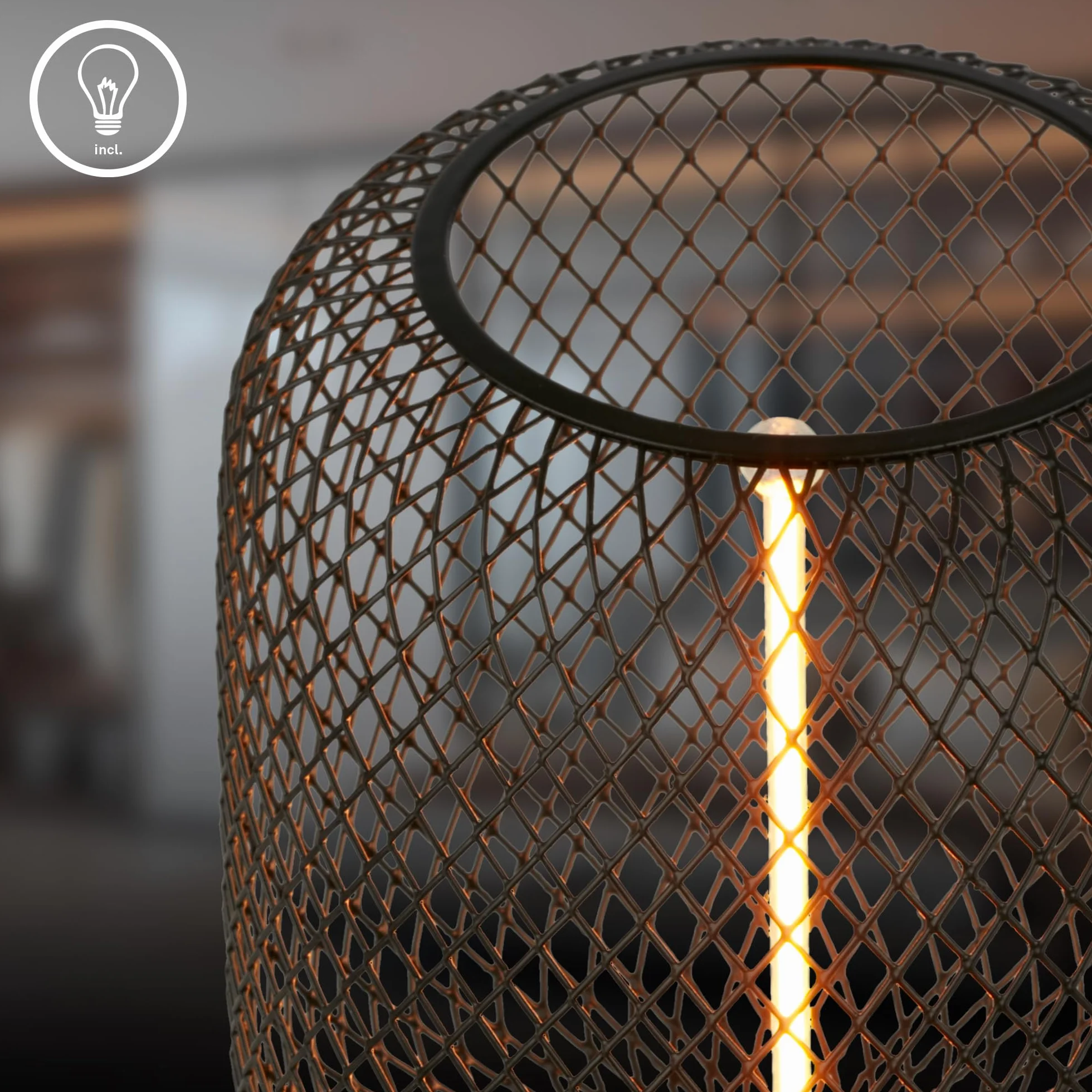 BRILONER - Lampa stołowa z drucianą siatką, przełącznik kablowy, gniazdo E27, lampka nocna, oświetlenie dekoracyjne do przedpokoju lub biura, lampka do czytania, 10x25 cm, czarny