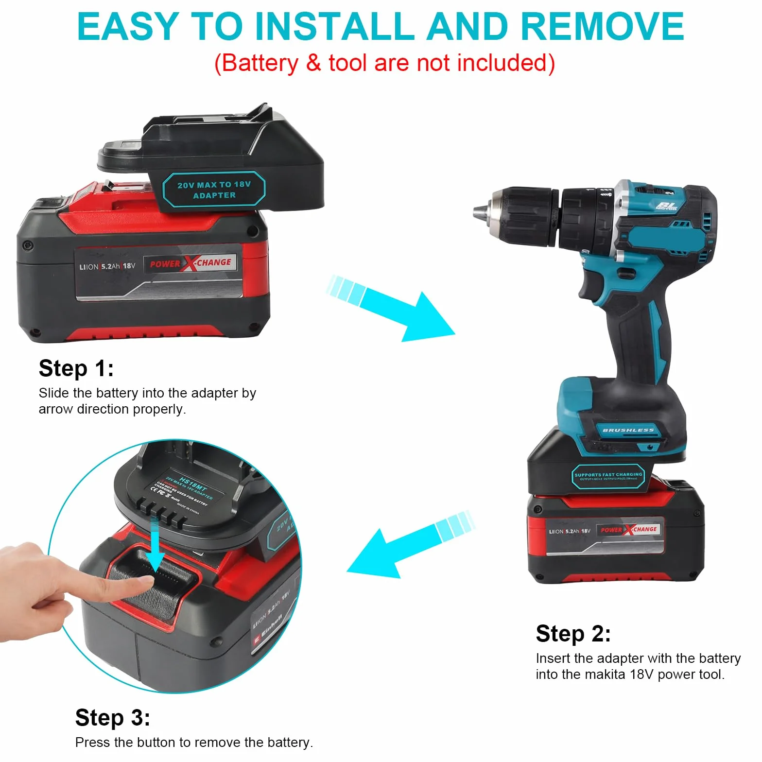 QUPERR USB Adapter baterii kompatybilny z Einhell 18V do Makita 18V | z portami USB-A i USB-C do ładowania.